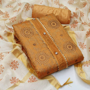 Gold Casual Wear Foil & Printed Chanderi Dress Material - Peachmode