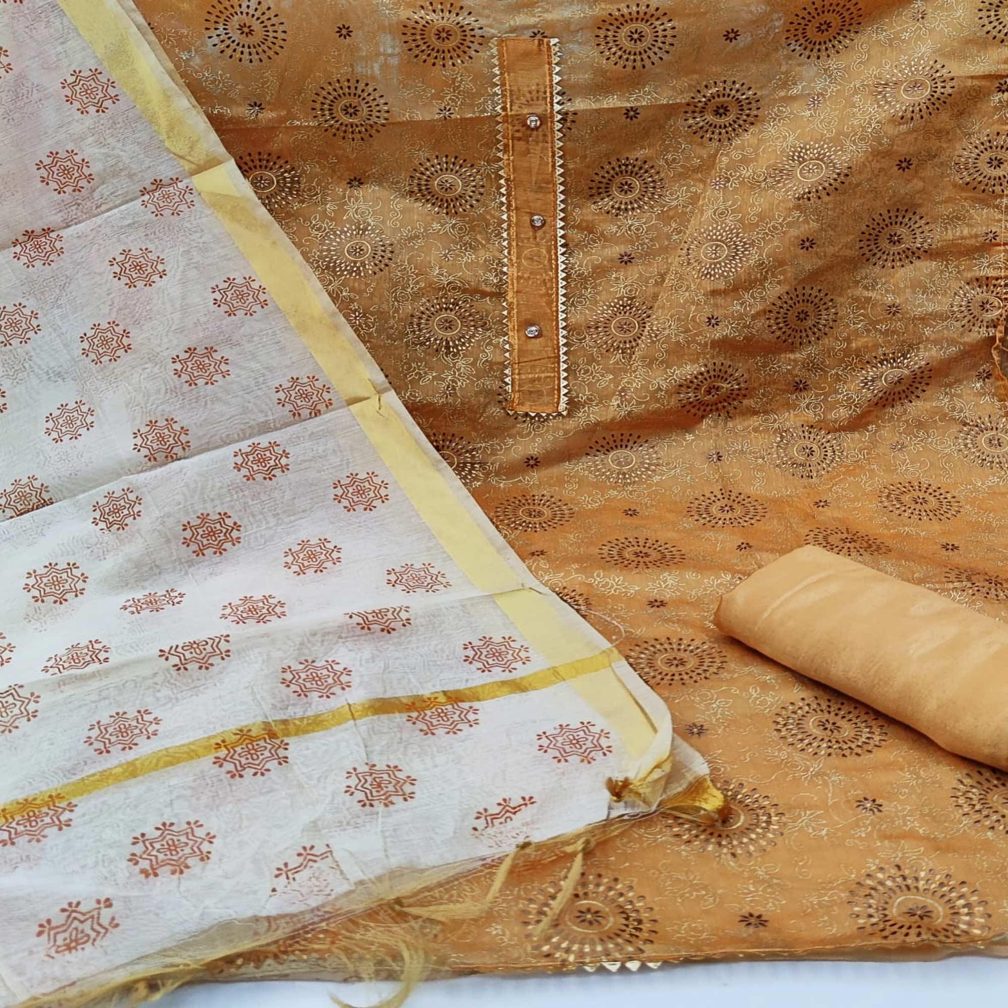 Gold Casual Wear Foil & Printed Chanderi Dress Material - Peachmode
