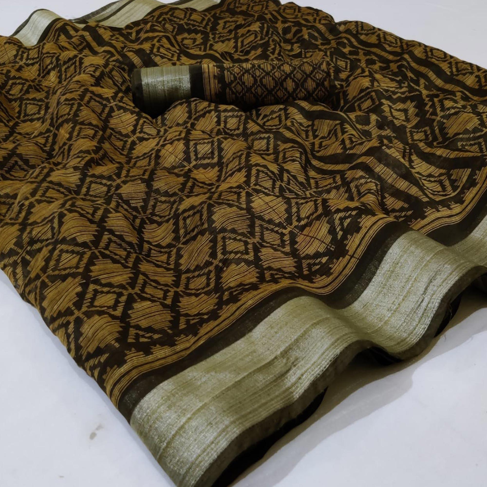 Gold Casual Wear Mill Printed Linen Cotton Saree With Silver Zari Border - Peachmode