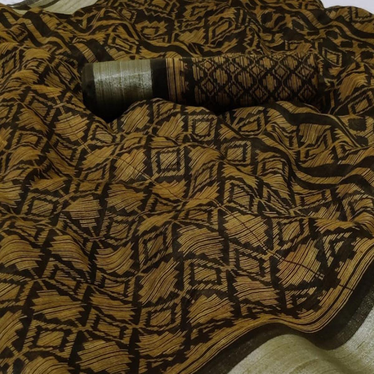 Gold Casual Wear Mill Printed Linen Cotton Saree With Silver Zari Border - Peachmode