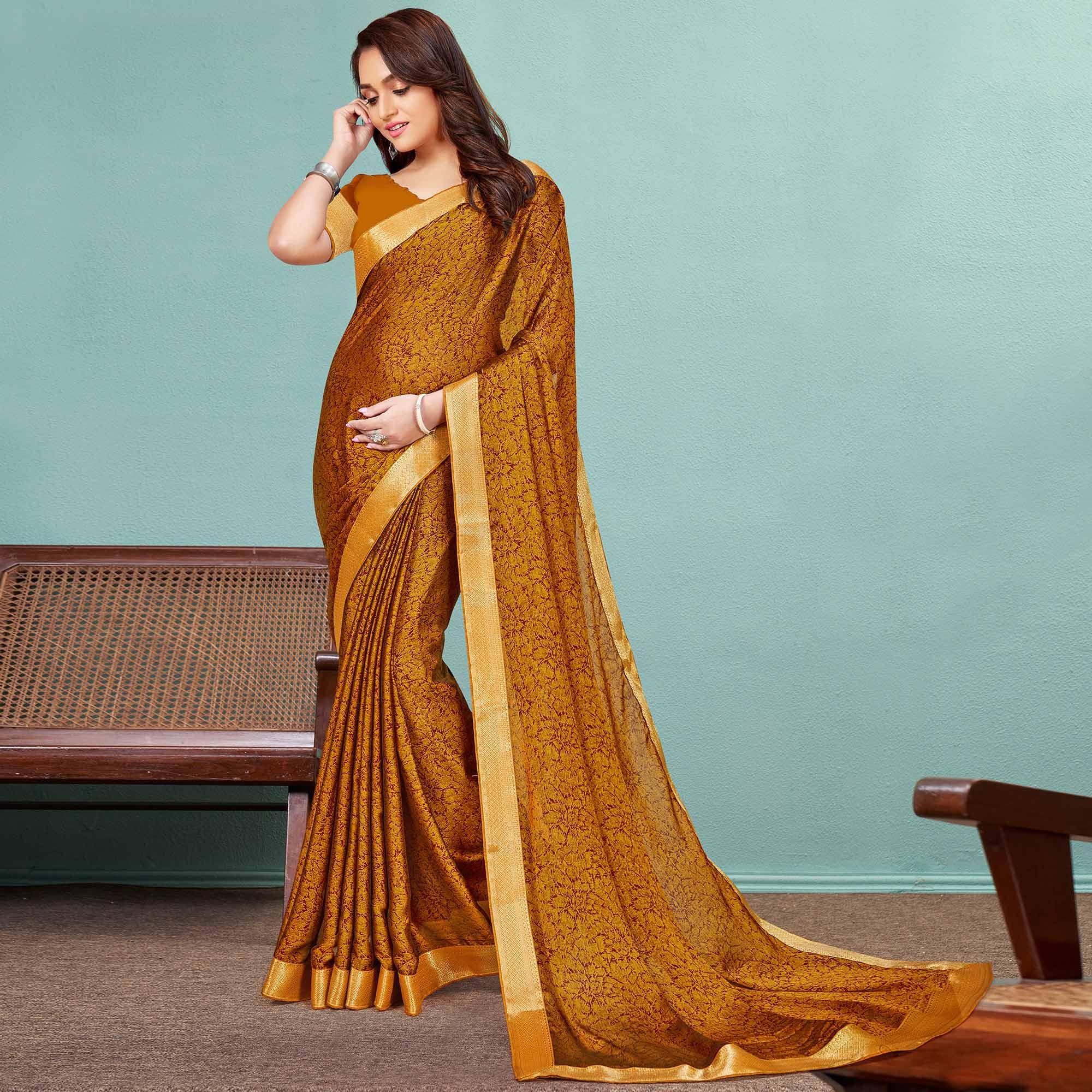 Gold Casual Wear Printed Chiffon Saree With Banarasi Lace - Peachmode