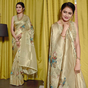 Gold Digital Printed With Woven Art Silk Saree With Tassels - Peachmode