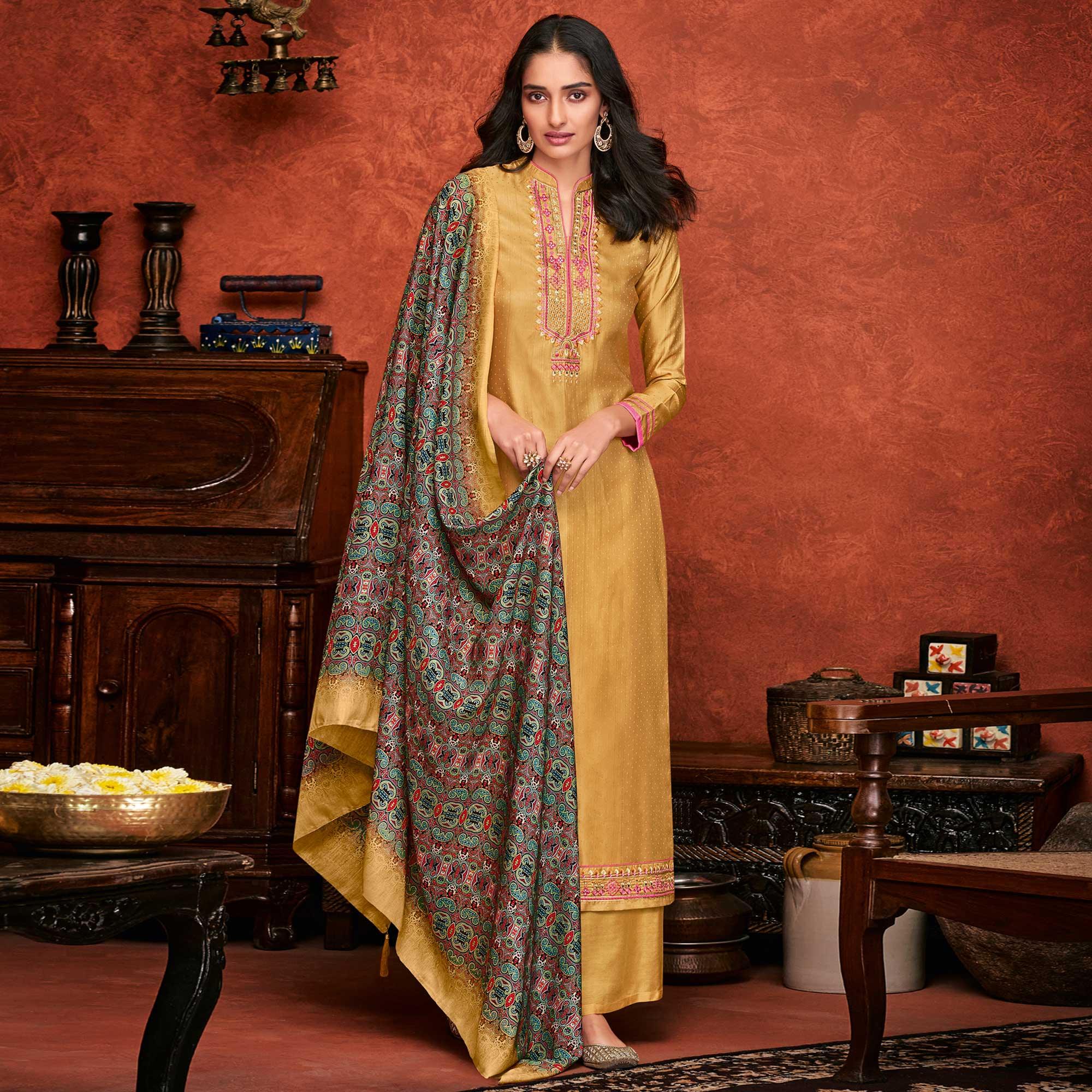 Gold Embroidered Fiona Silk Partywear Suit - Peachmode