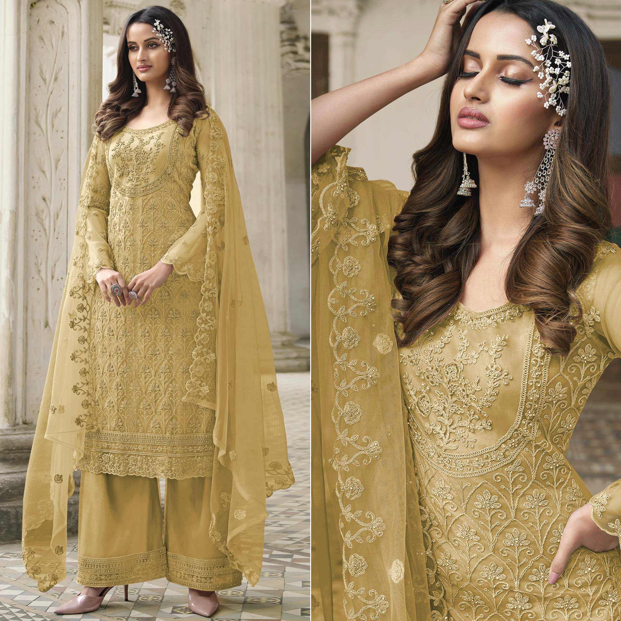Gold Embroidered With Embellished Net Palazzo Suit - Peachmode