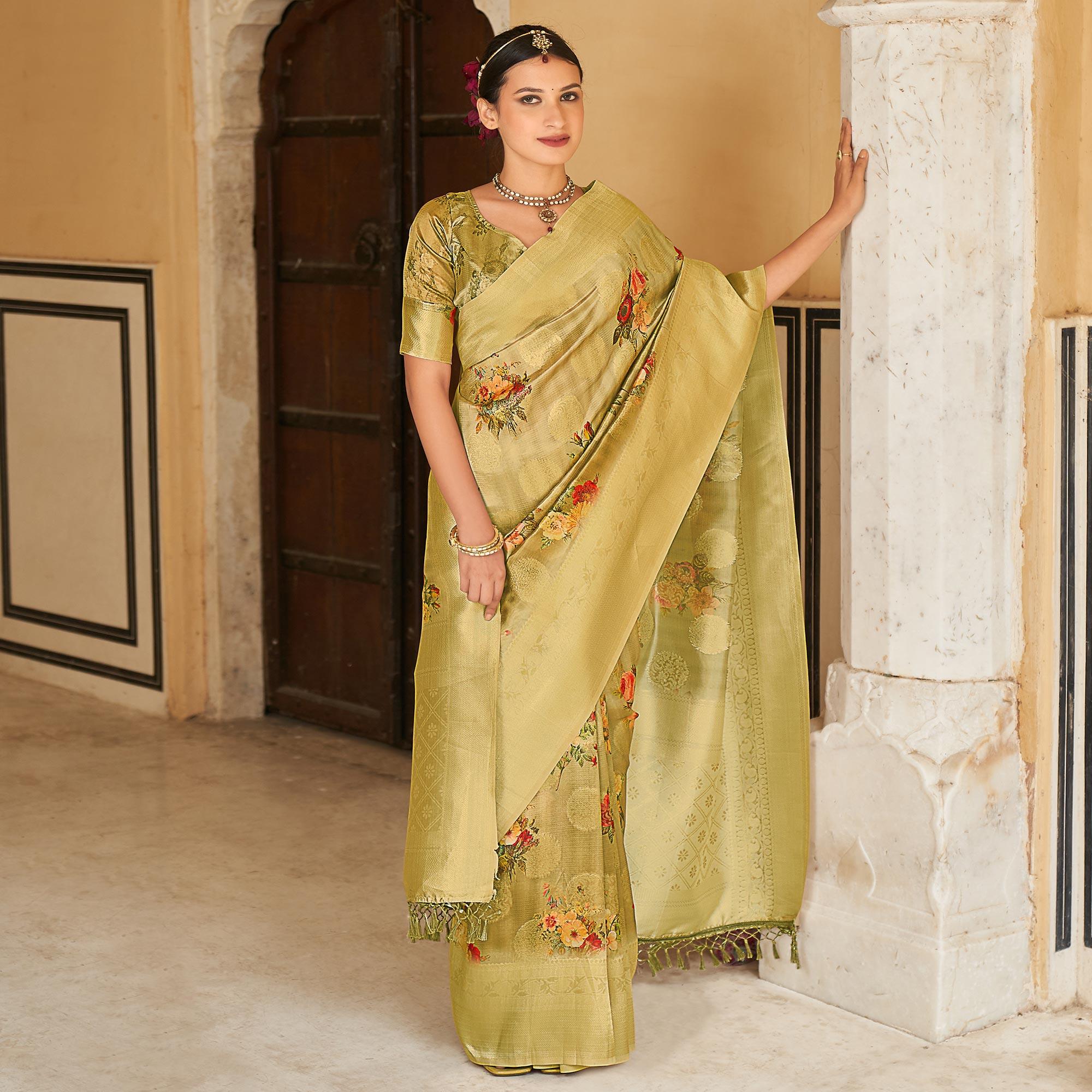 Gold Festive Wear Digital Printed Jacquard Silk Saree - Peachmode
