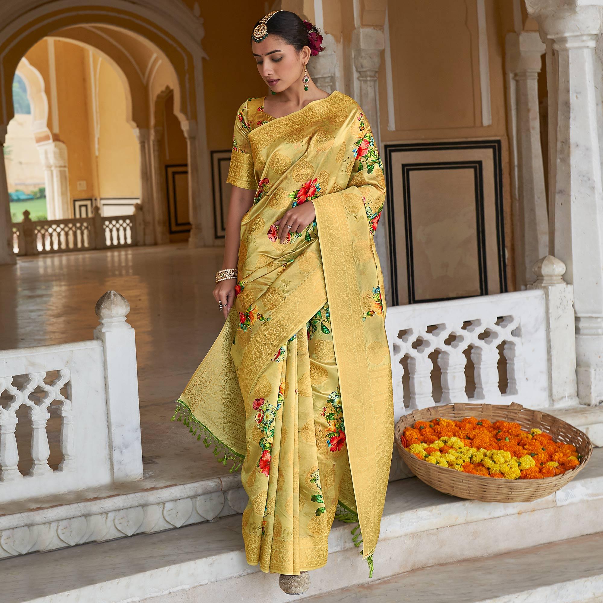 Gold Festive Wear Digital Printed Jacquard Silk Saree - Peachmode