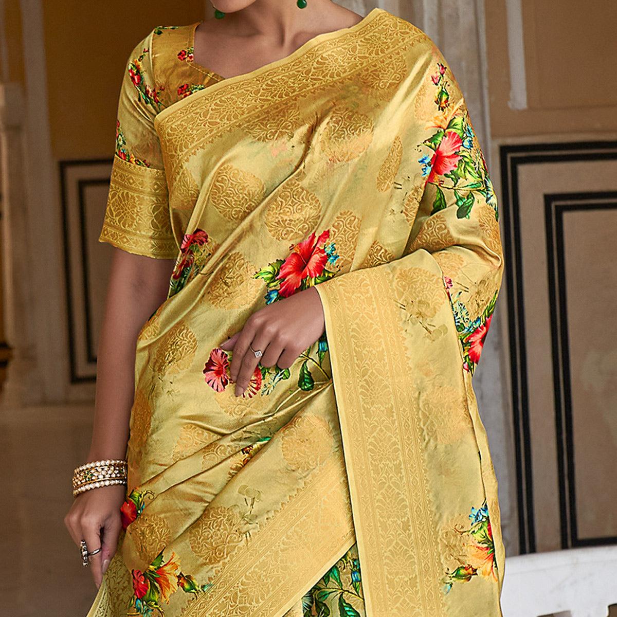 Gold Festive Wear Digital Printed Jacquard Silk Saree - Peachmode