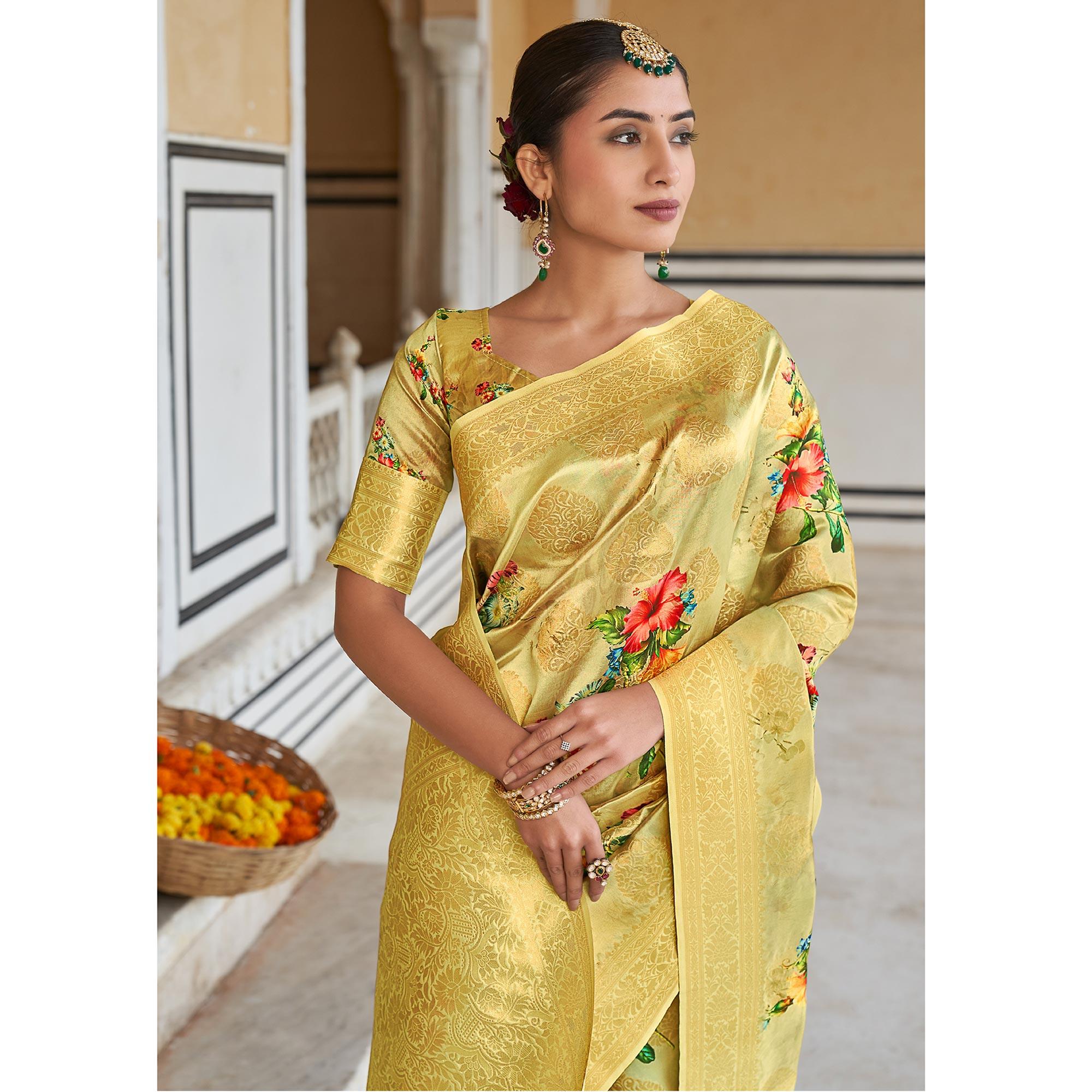 Gold Festive Wear Digital Printed Jacquard Silk Saree - Peachmode