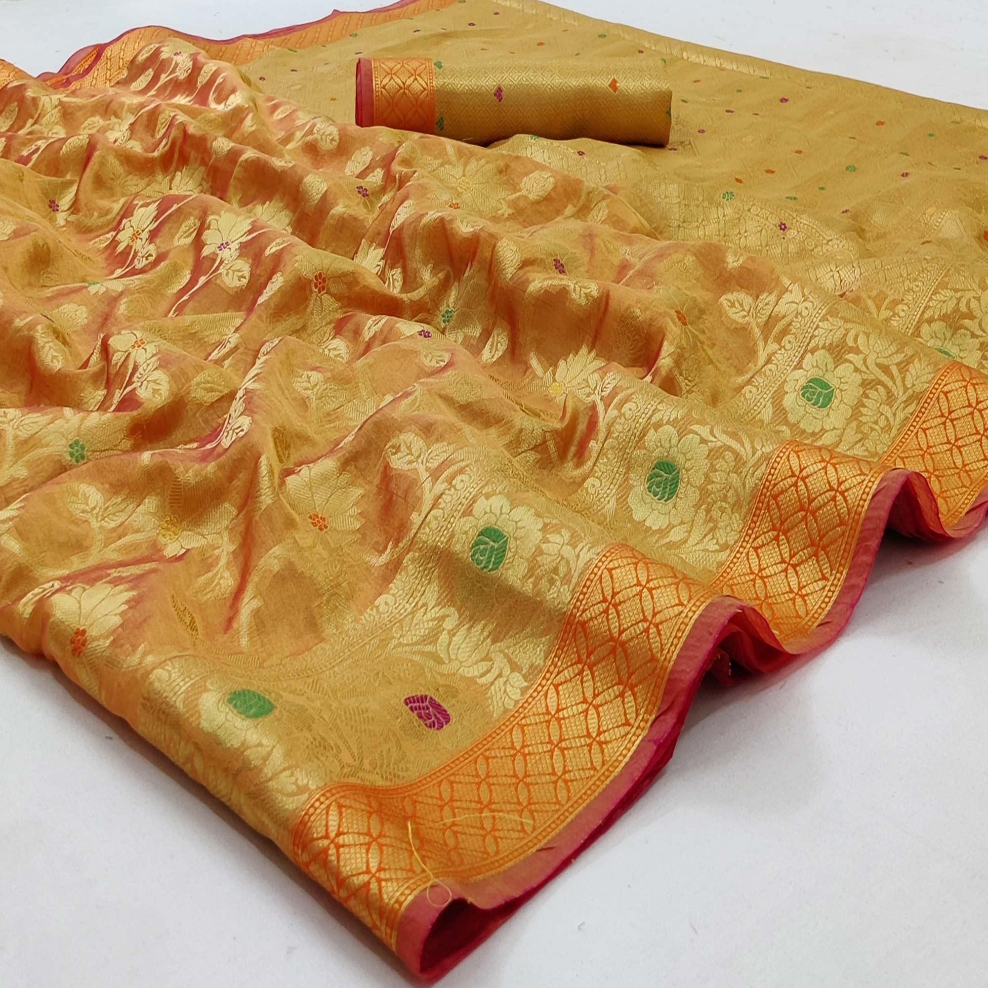 Gold Festive Wear Floral Woven Organza Saree - Peachmode