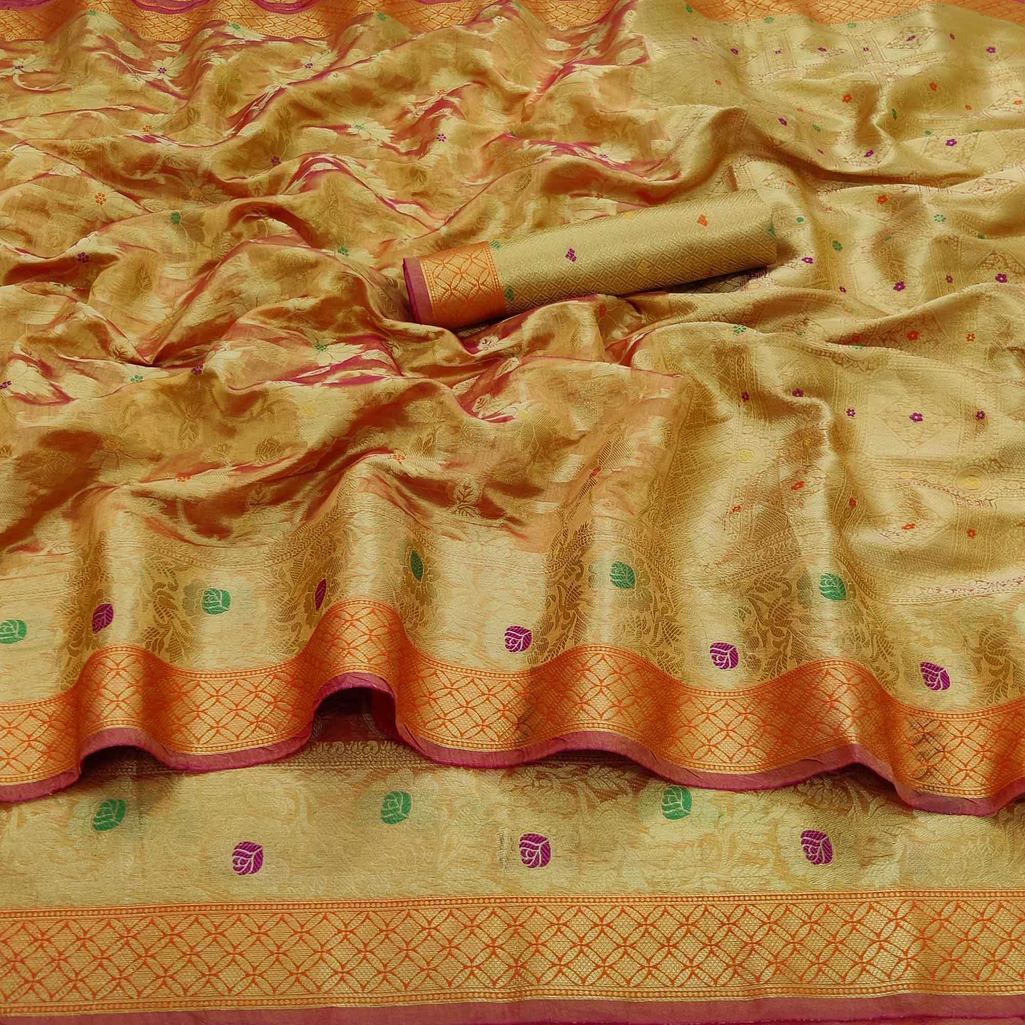 Gold Festive Wear Floral Woven Organza Saree - Peachmode