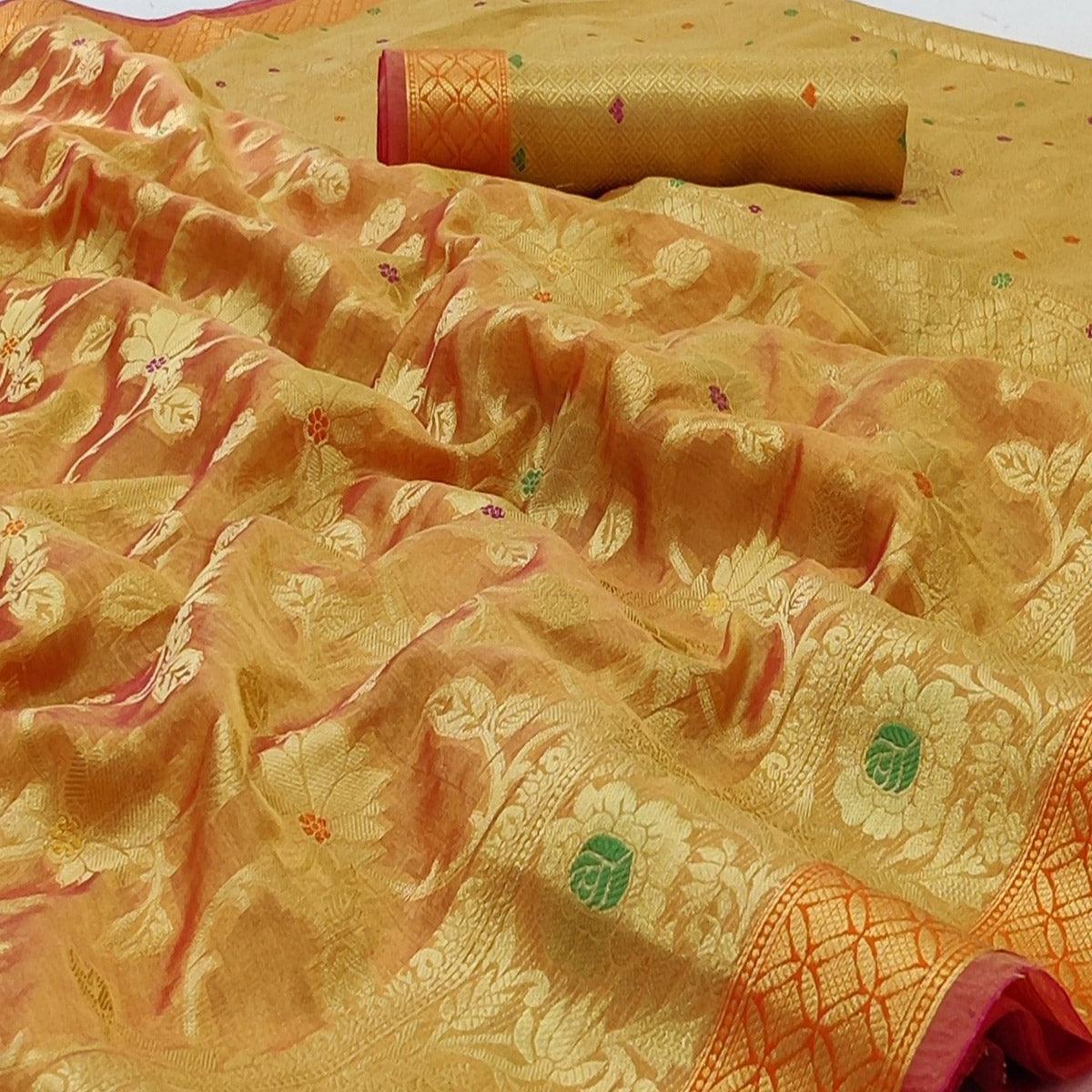 Gold Festive Wear Floral Woven Organza Saree - Peachmode