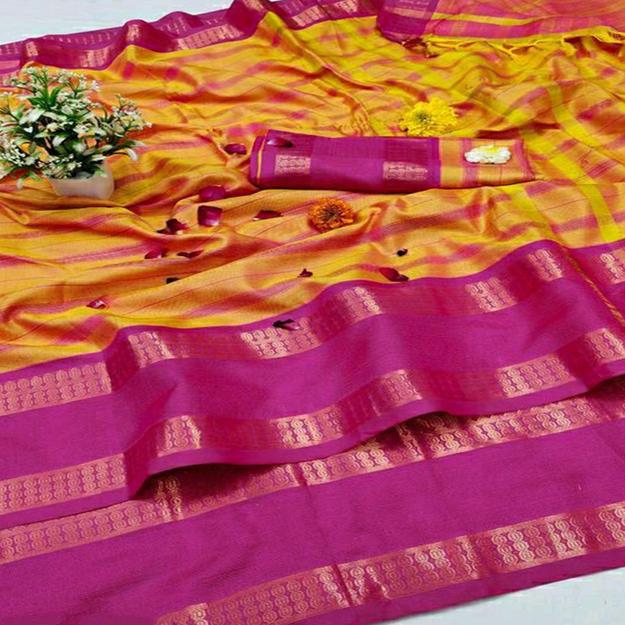 Gold Festive Wear Woven Heavy Rich Cotton Silk Saree - Peachmode