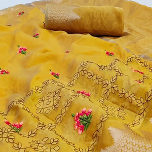 Gold Festive Wear Woven Organza Saree With Floral Embroidery Butta Work - Peachmode