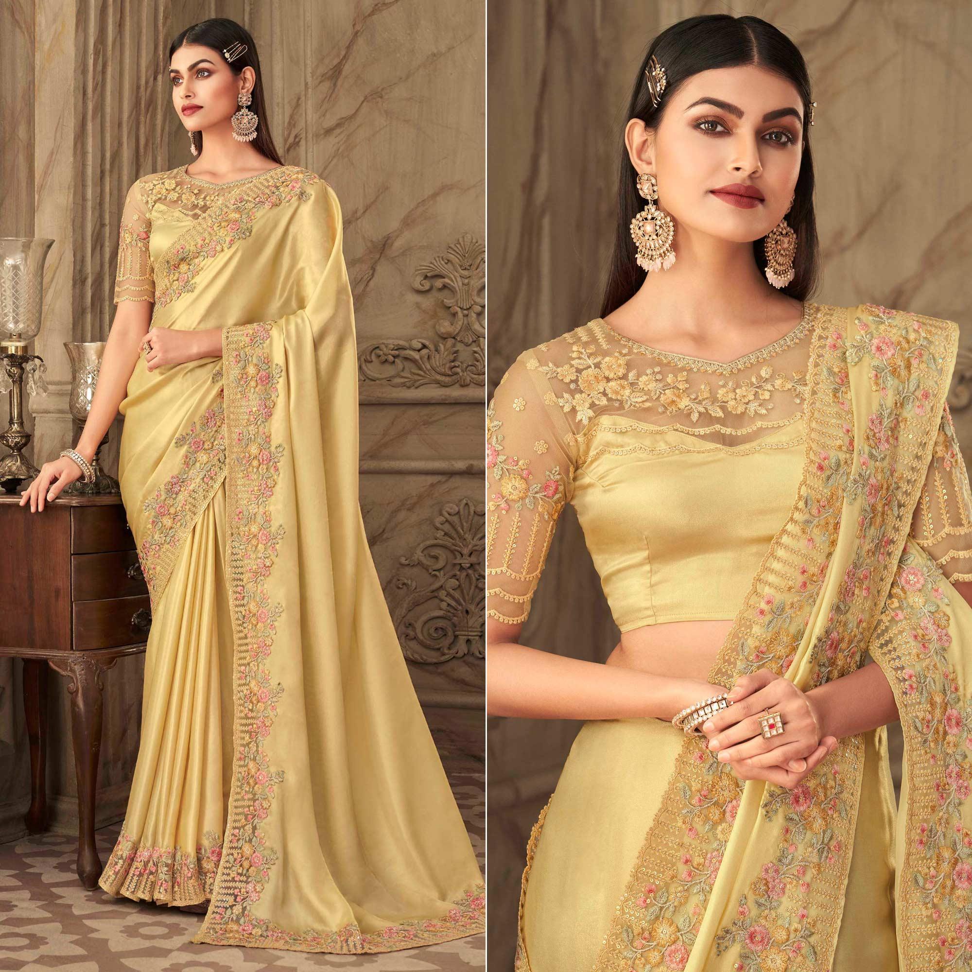 Gold Partywear Sequence Embroidered Silk Saree - Peachmode