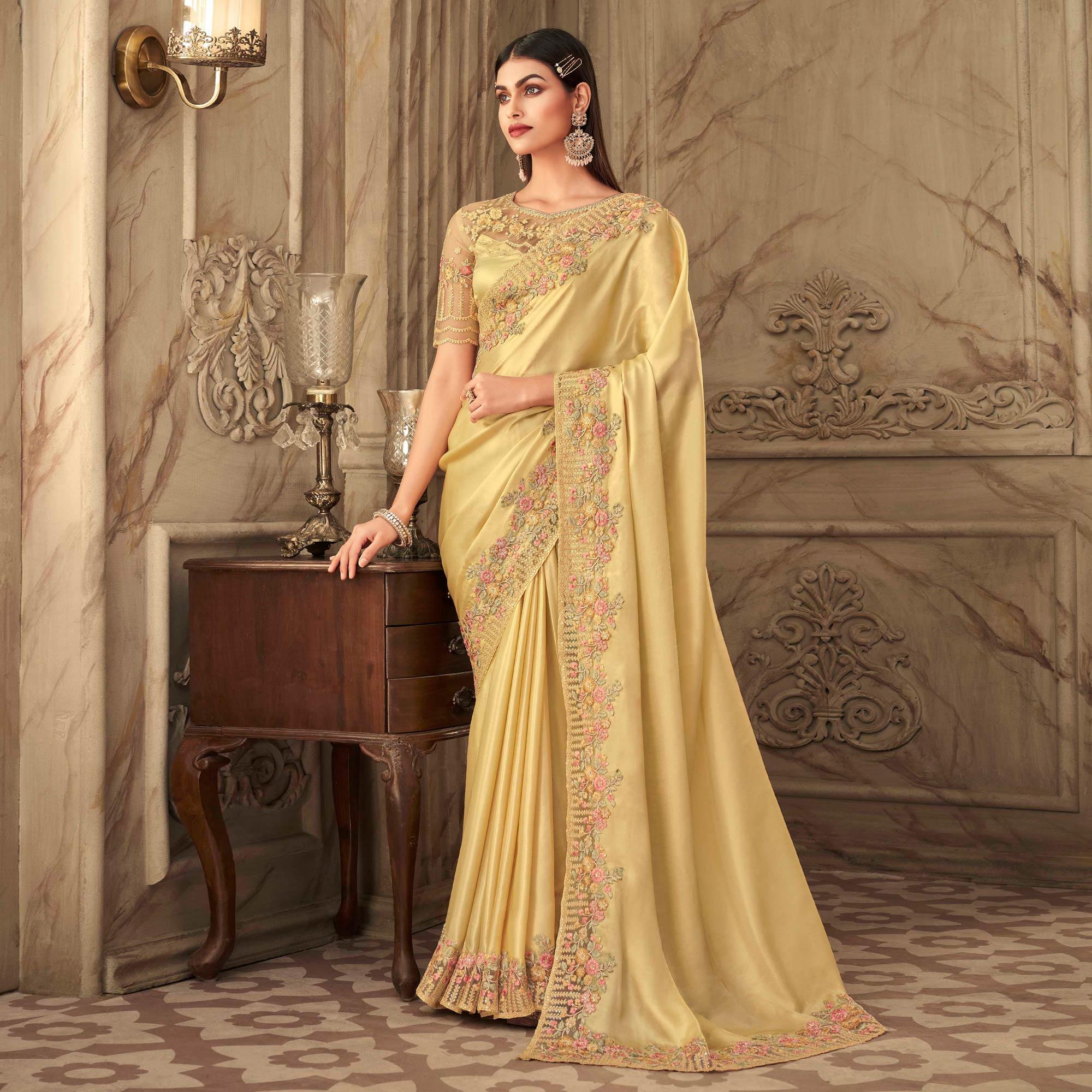 Gold Partywear Sequence Embroidered Silk Saree - Peachmode