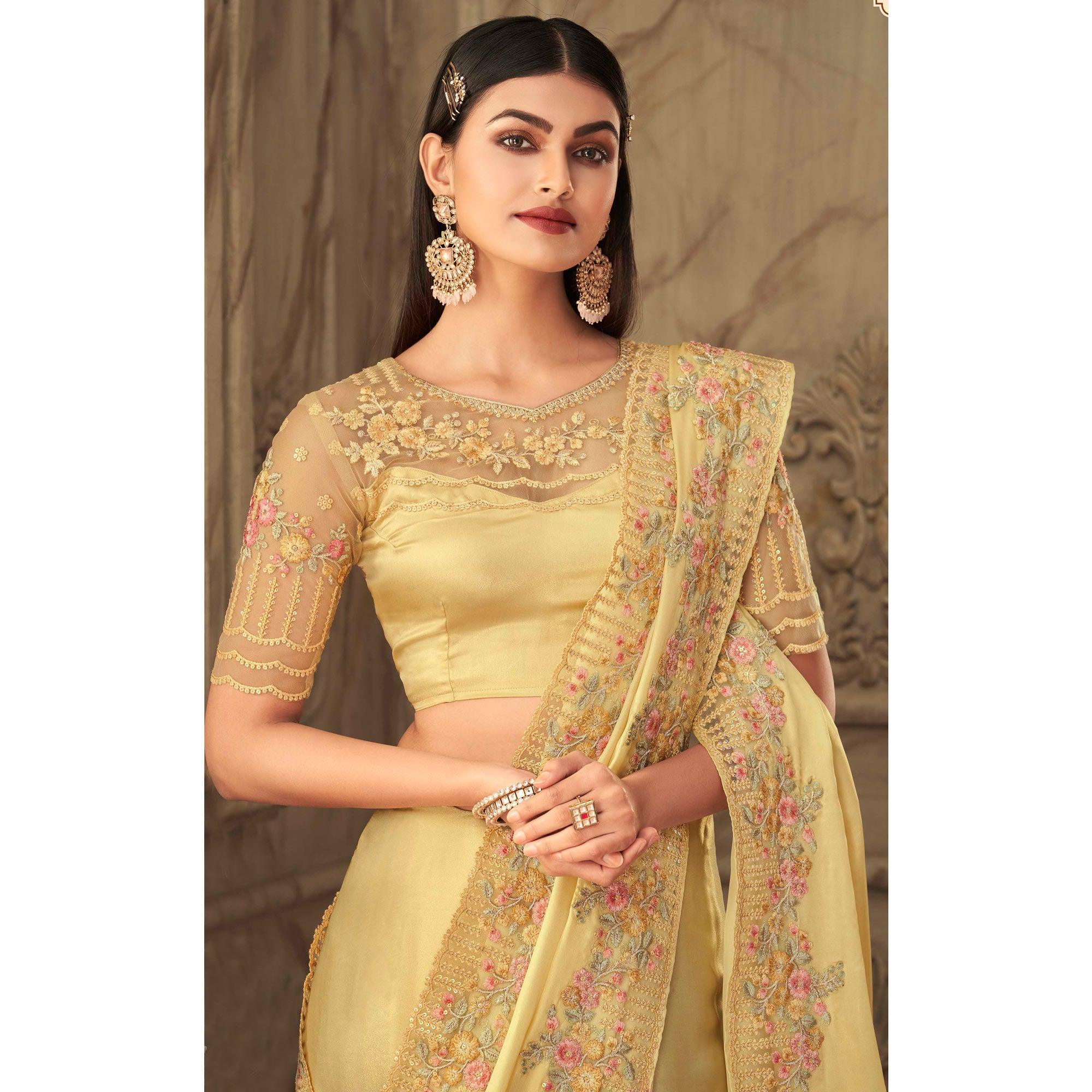 Gold Partywear Sequence Embroidered Silk Saree - Peachmode