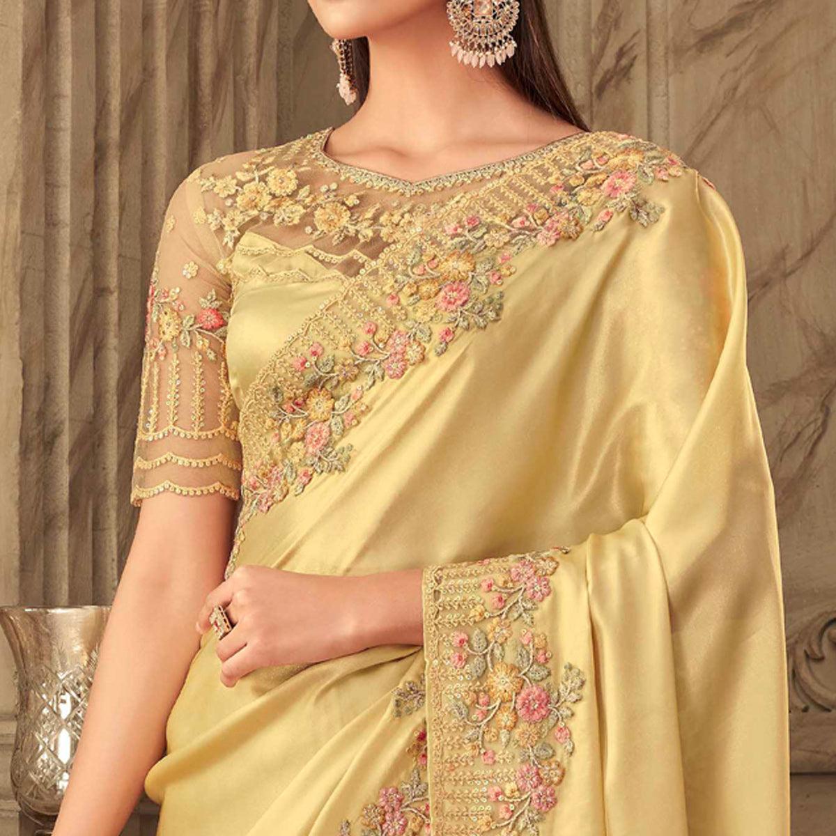 Gold Partywear Sequence Embroidered Silk Saree - Peachmode