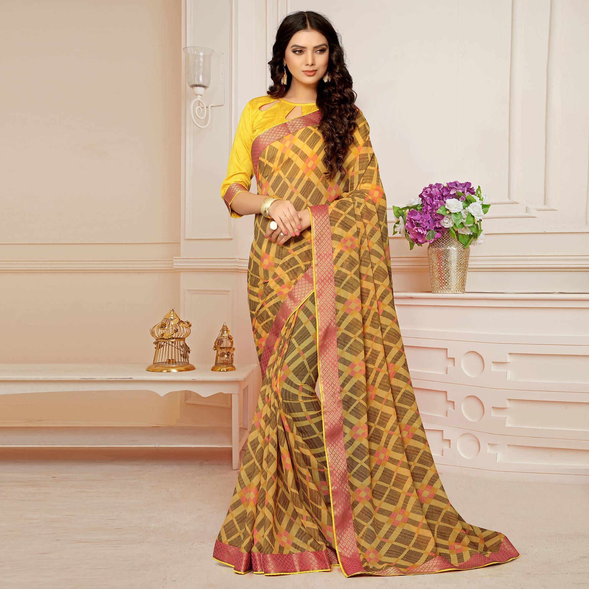 Gold Printed With Woven Border Georgette Saree - Peachmode