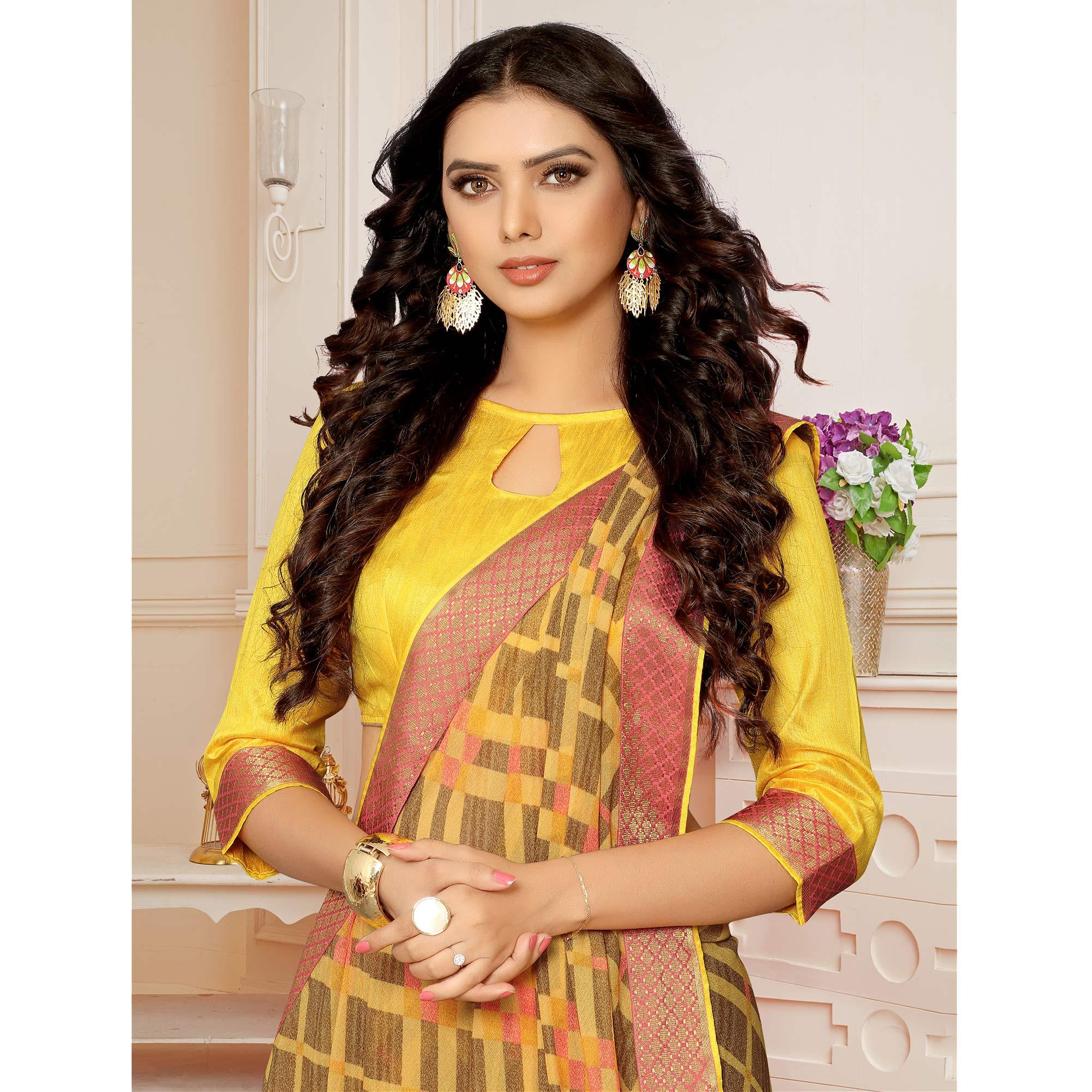 Gold Printed With Woven Border Georgette Saree - Peachmode
