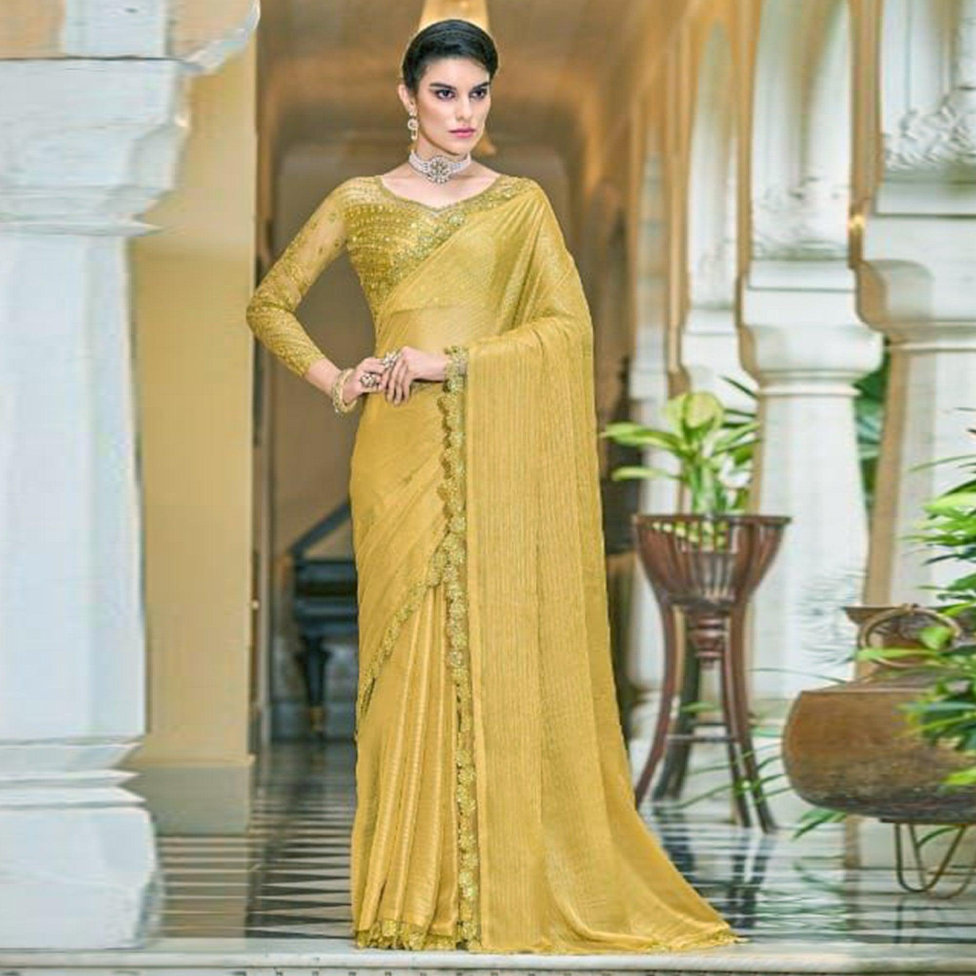 Gold Solid Art Silk Saree - Peachmode