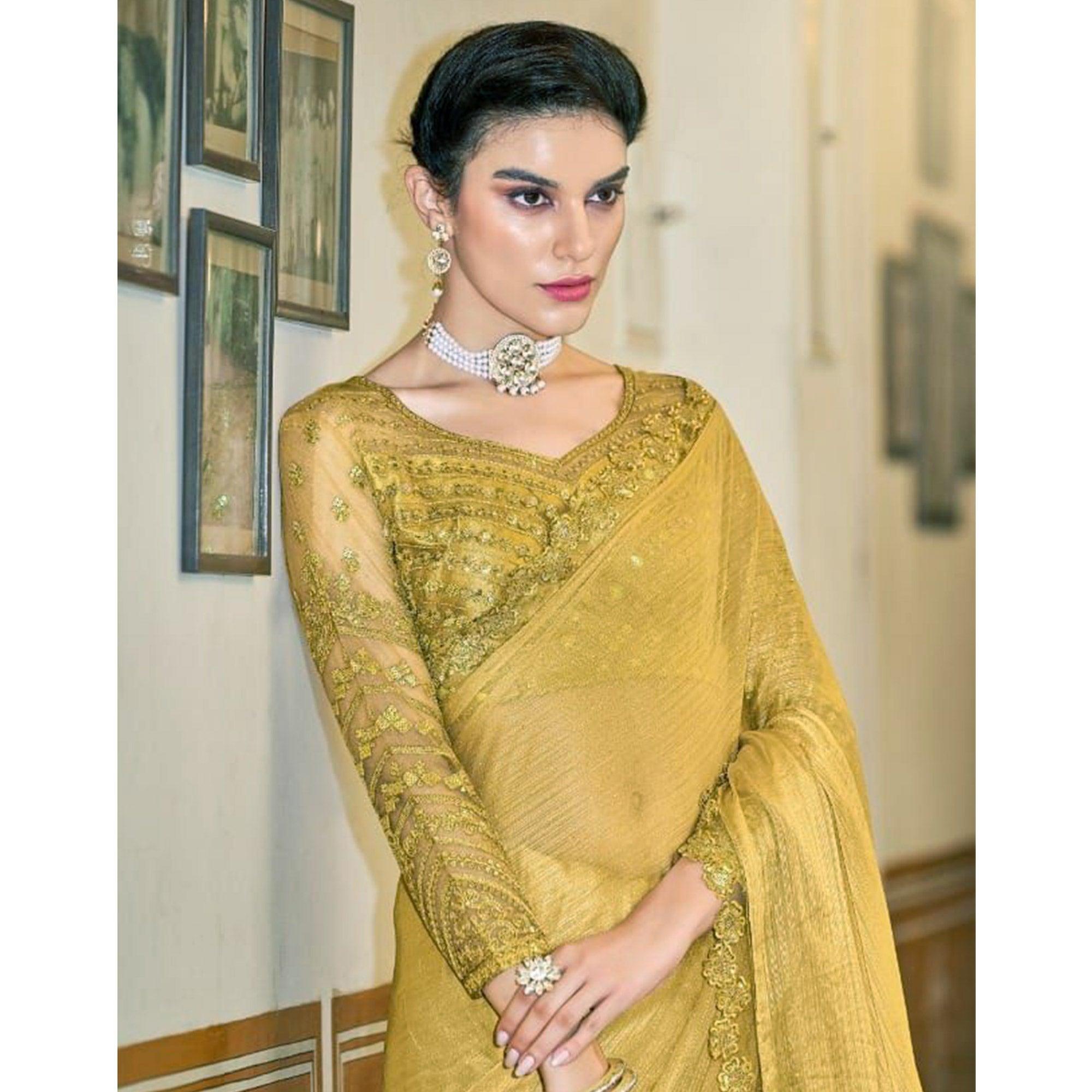Gold Solid Art Silk Saree - Peachmode