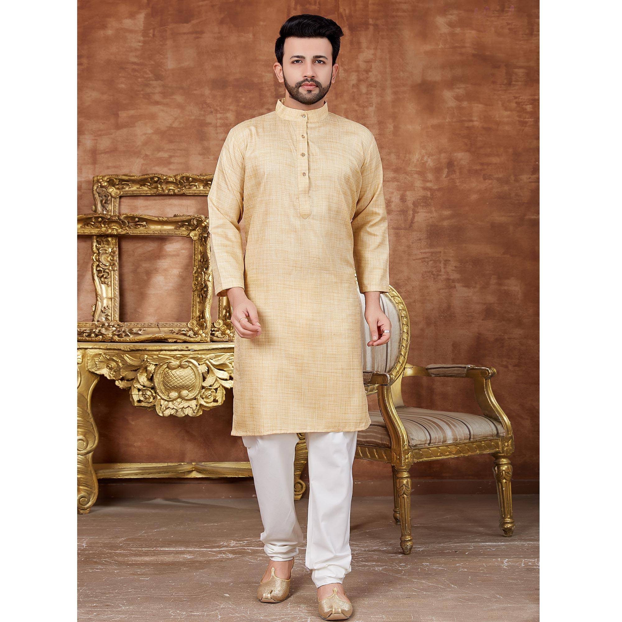 Gold Solid Khaadi Men's Kurta Pyjama Set - Peachmode