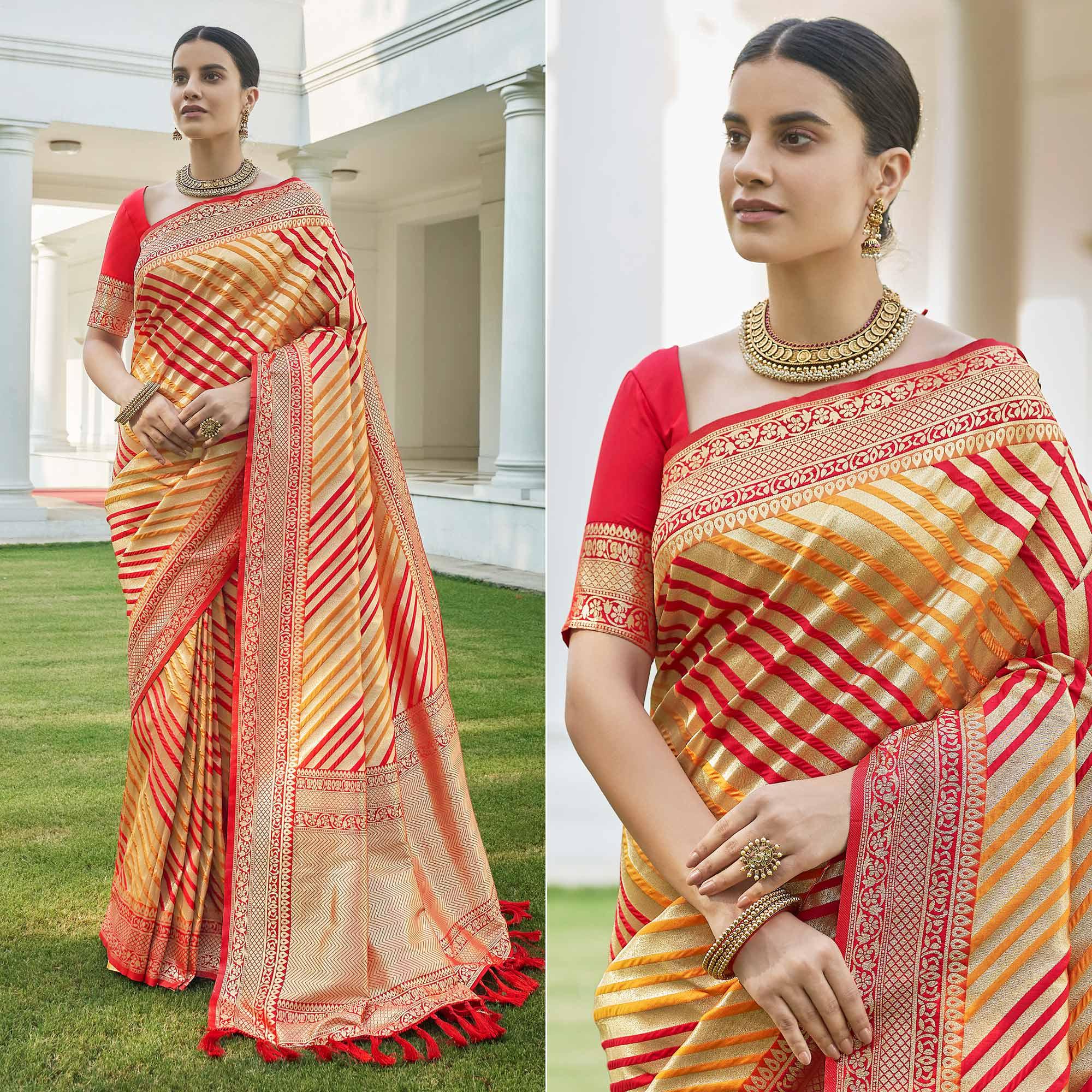 Gold Stripe Printed Pure Silk Saree With Tassels - Peachmode