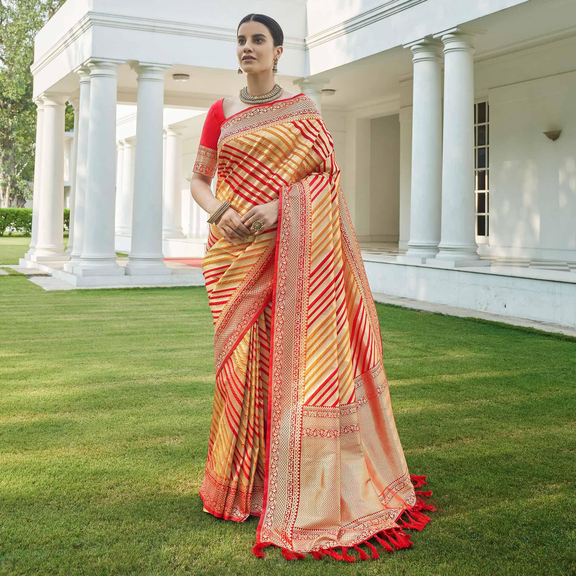 Gold Stripe Printed Pure Silk Saree With Tassels - Peachmode