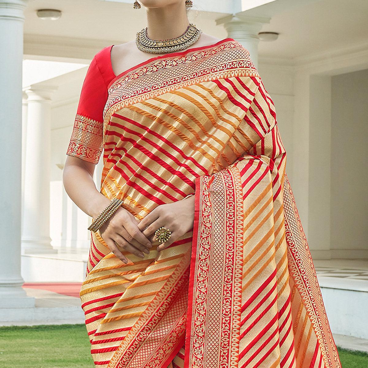 Gold Stripe Printed Pure Silk Saree With Tassels - Peachmode