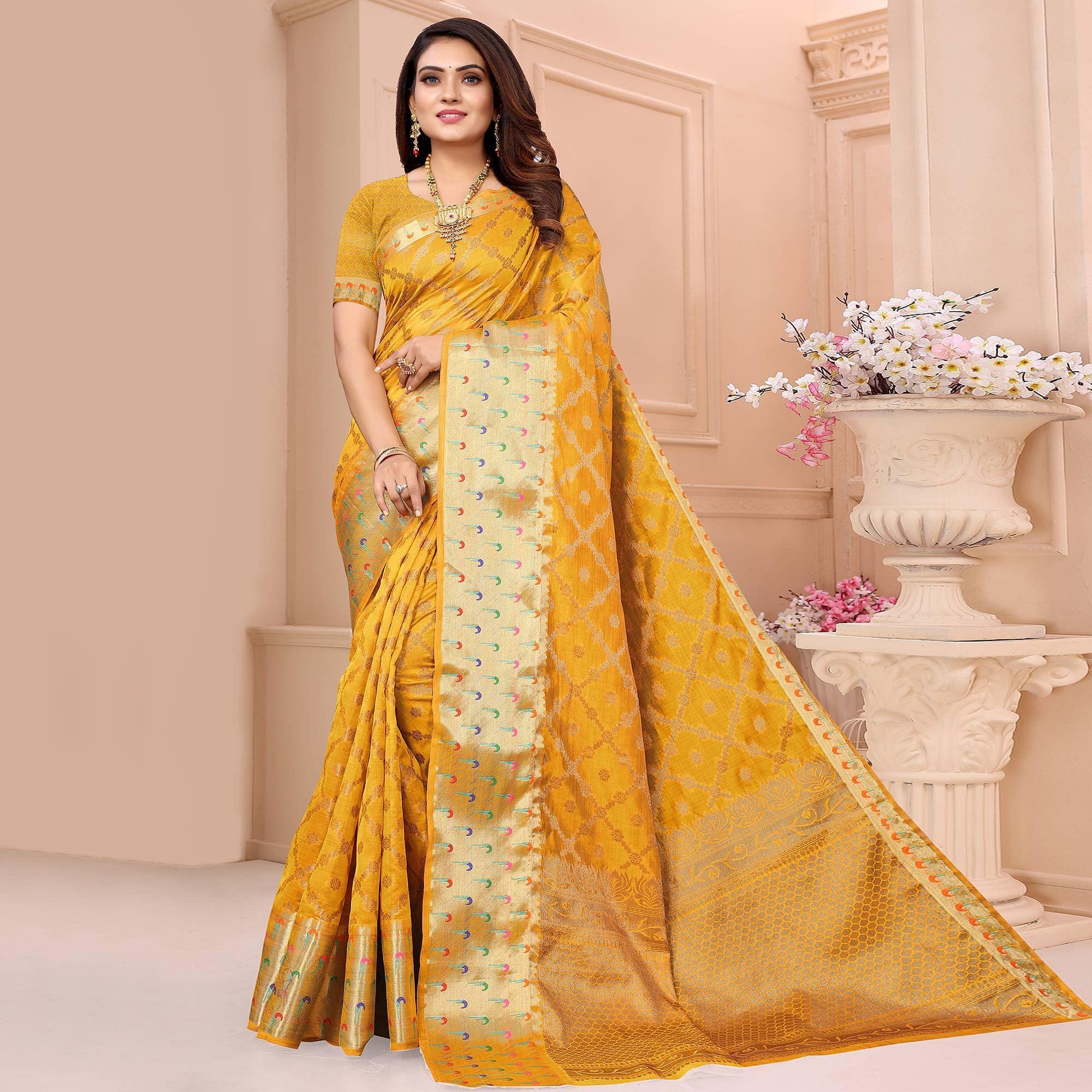 Gold Woven Organza Saree - Peachmode