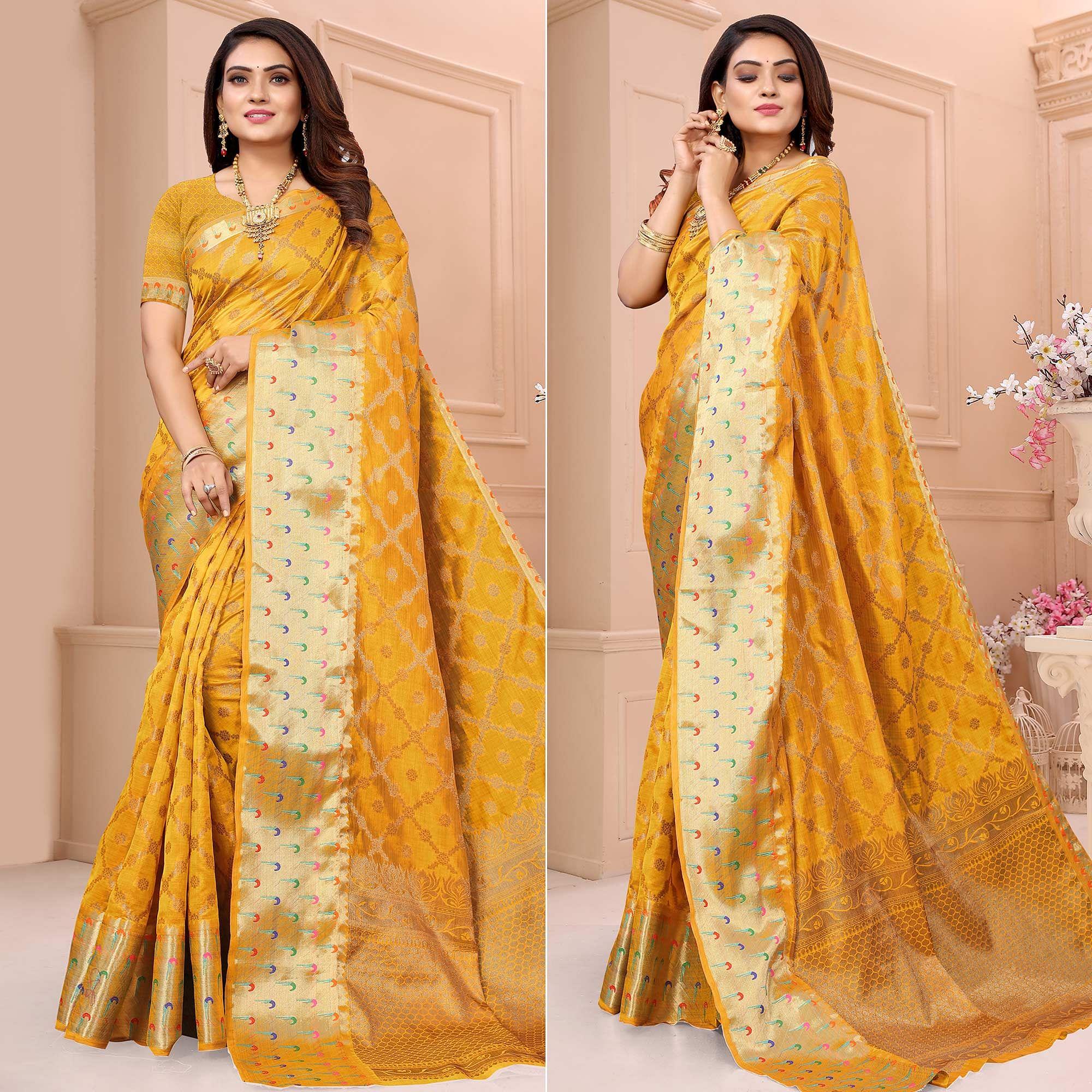 Gold Woven Organza Saree - Peachmode