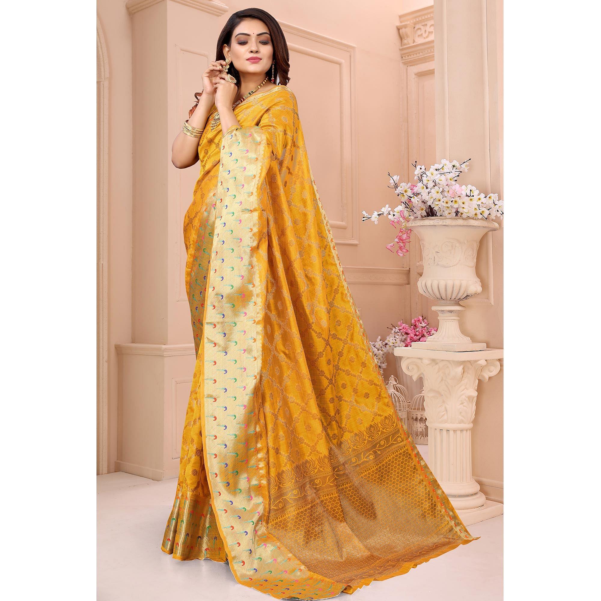 Gold Woven Organza Saree - Peachmode