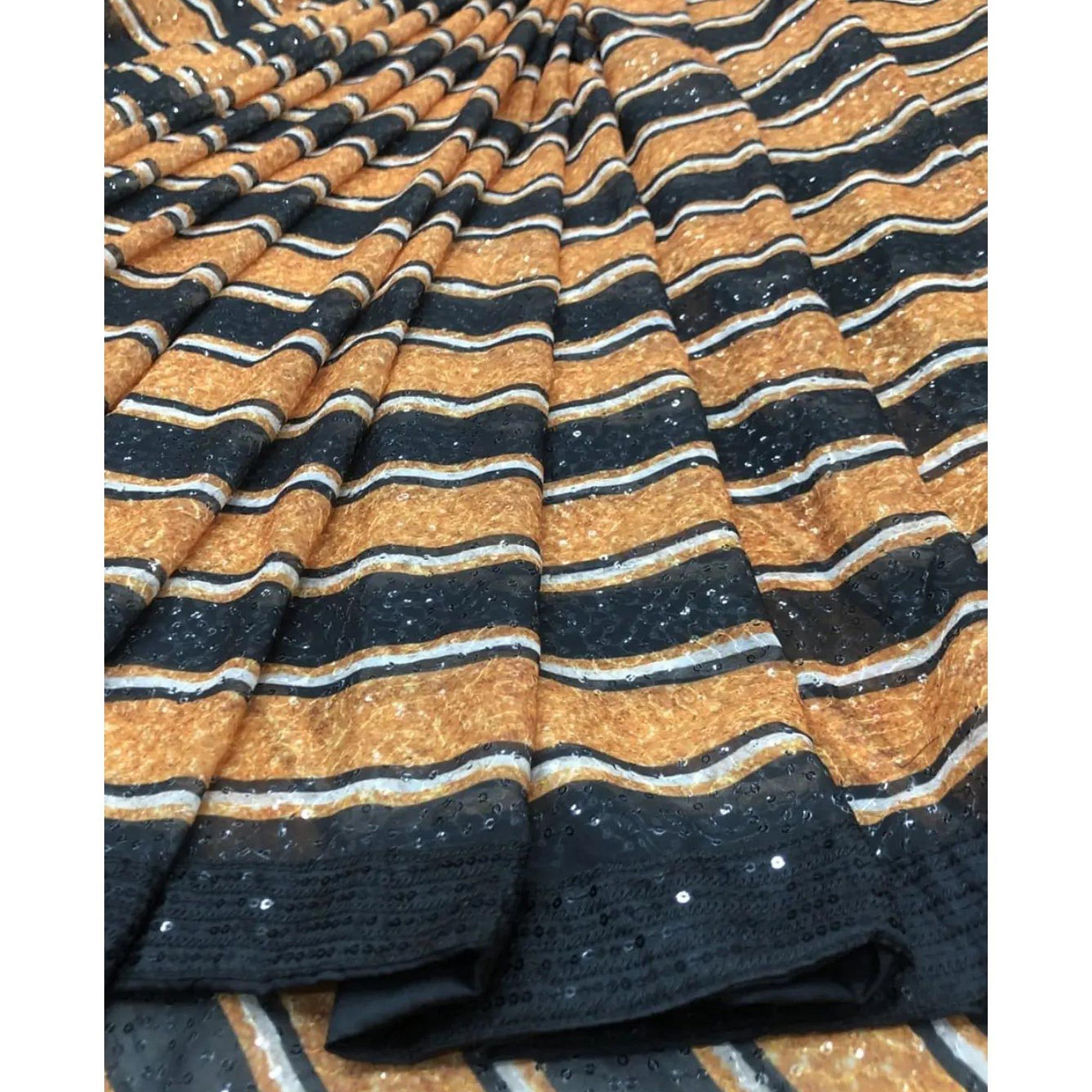 Golden-Black Sequence Embroidered Georgette Saree - Peachmode