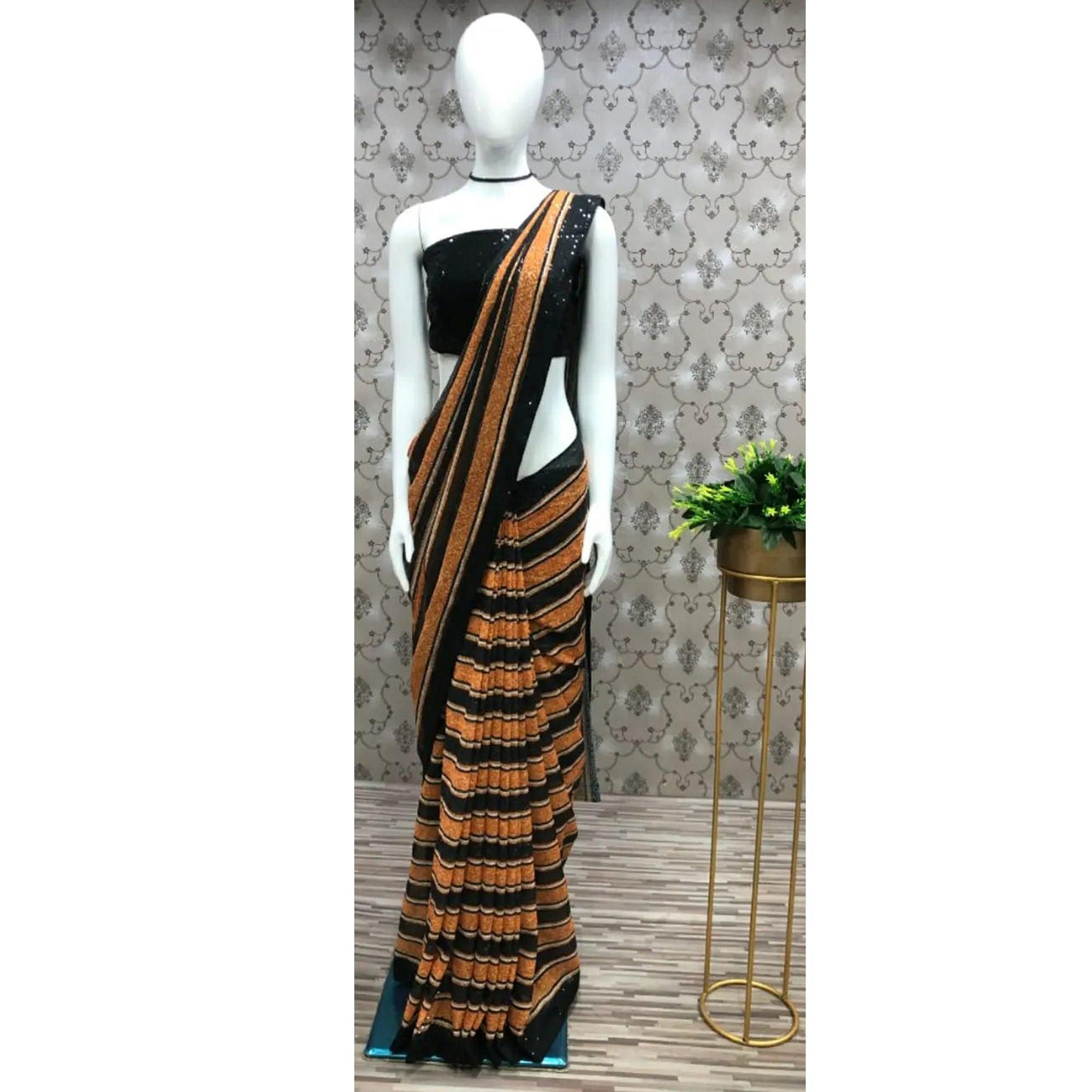 Golden-Black Sequence Embroidered Georgette Saree - Peachmode
