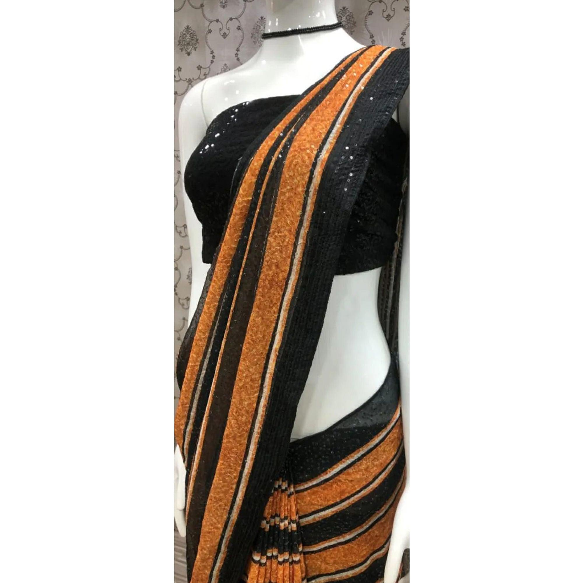 Golden-Black Sequence Embroidered Georgette Saree - Peachmode