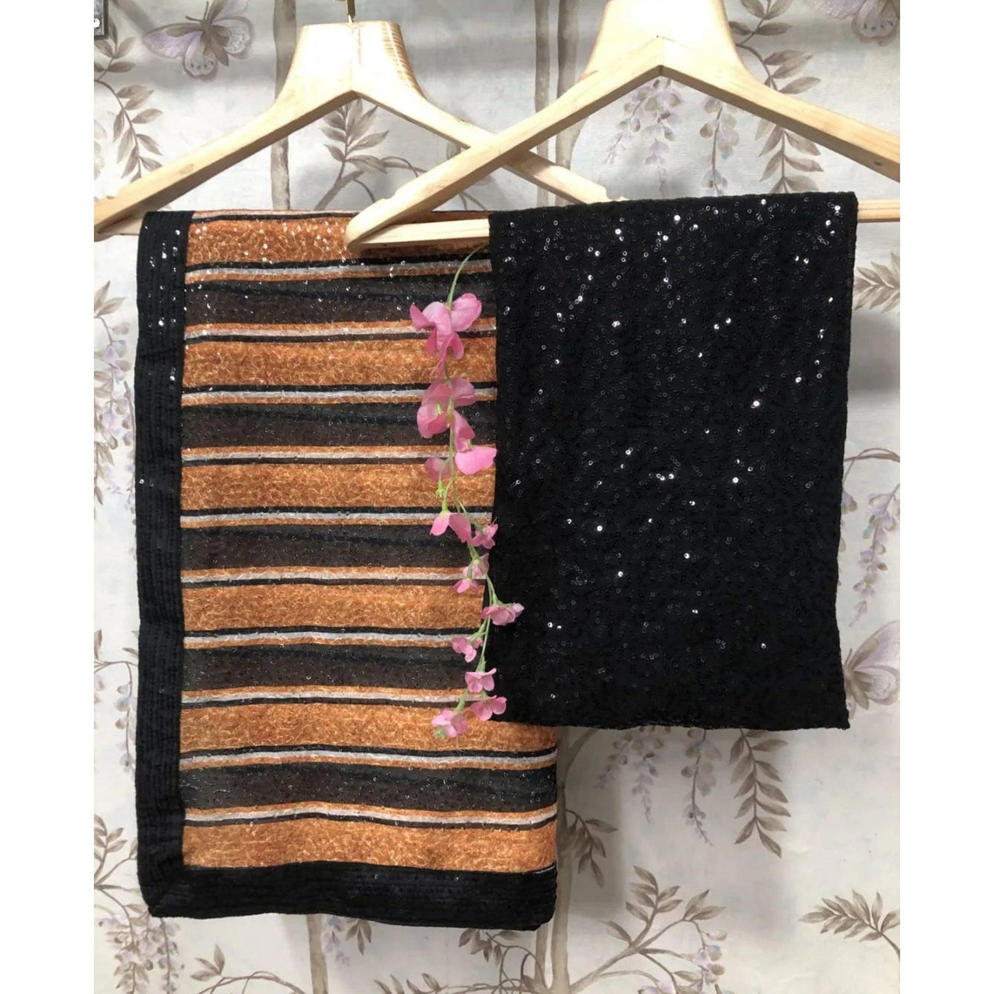 Golden-Black Sequence Embroidered Georgette Saree - Peachmode