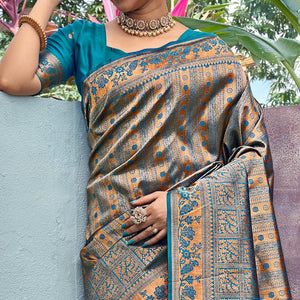 Golden-Blue Woven Art Silk Saree With Tassels - Peachmode
