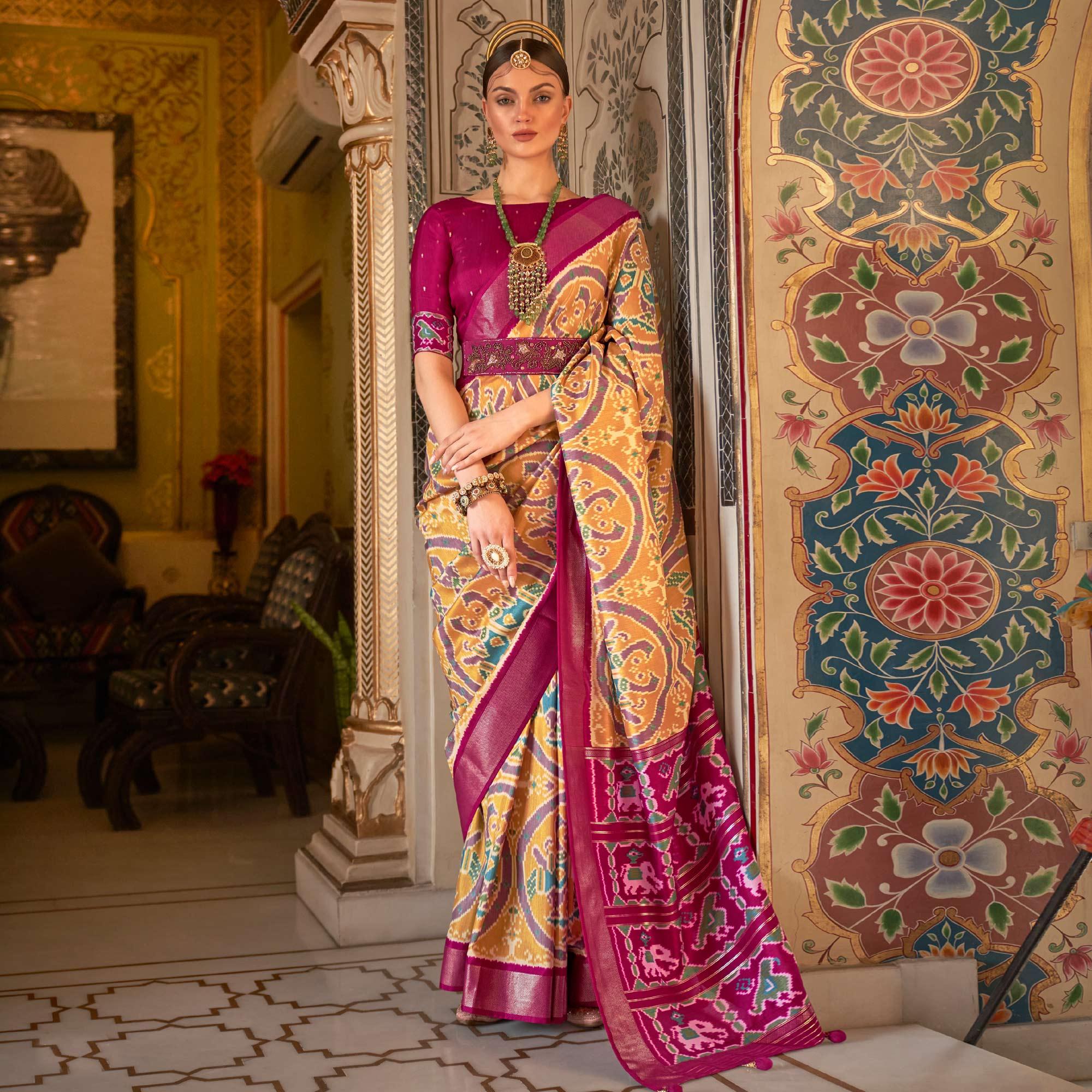 Golden Digital Patola Printed Silk Saree - Peachmode