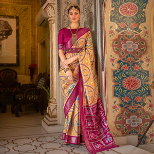 Golden Digital Patola Printed Silk Saree - Peachmode
