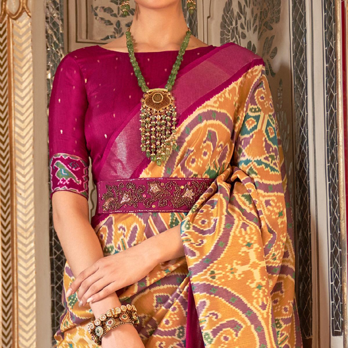 Golden Digital Patola Printed Silk Saree - Peachmode