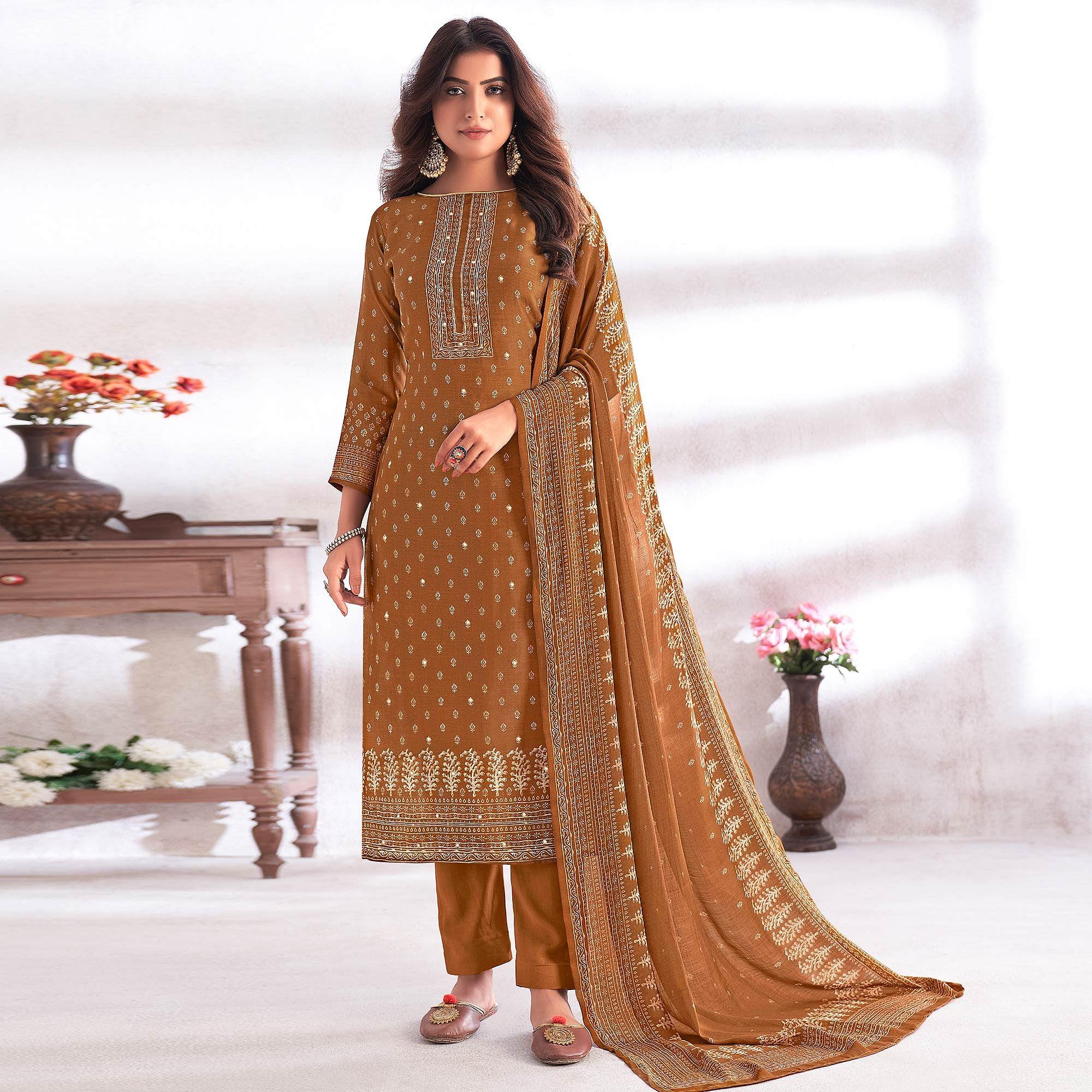 Golden Digital Printed & Hand Work Cotton Silk Suit - Peachmode