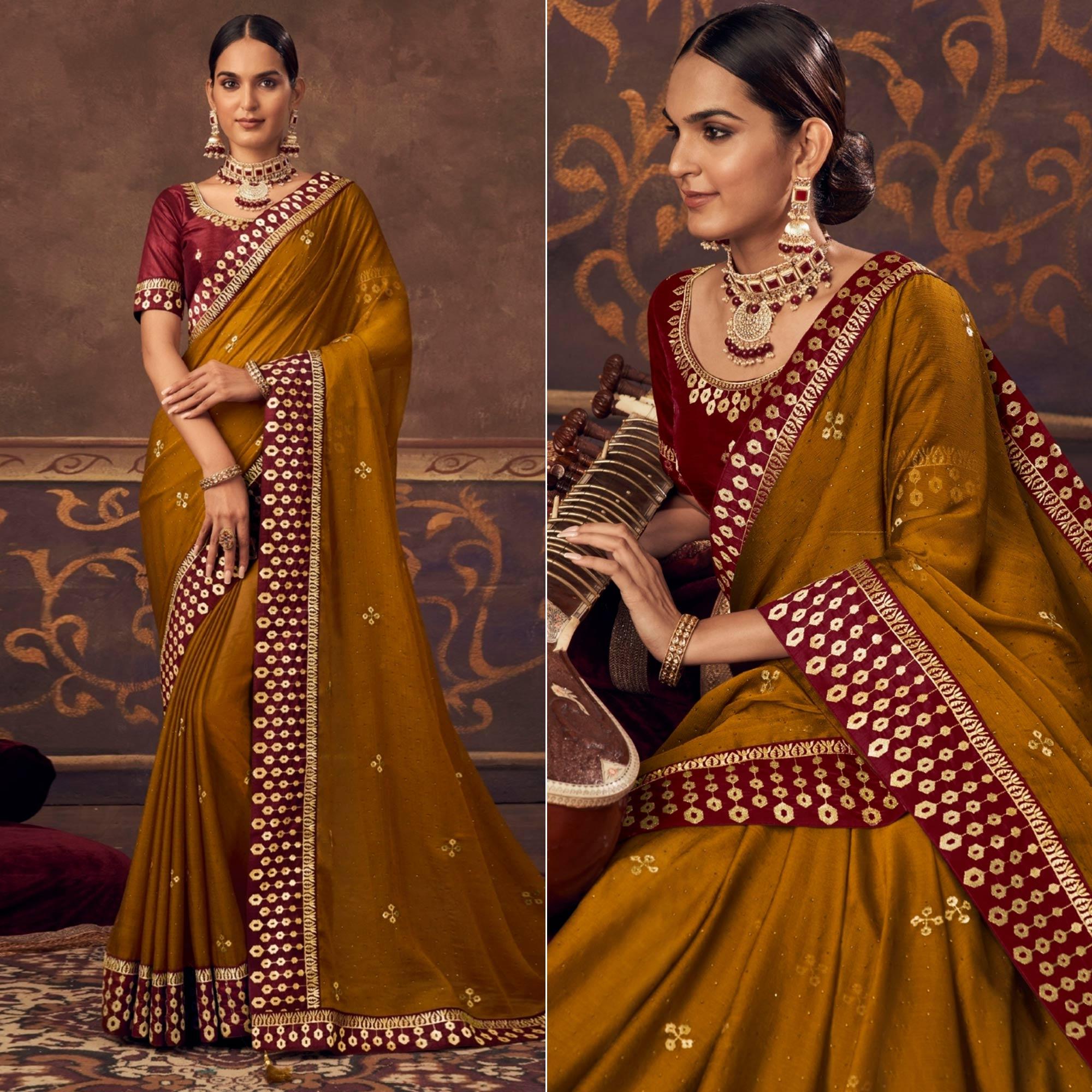 Golden Embroidered Chiffon Saree - Peachmode