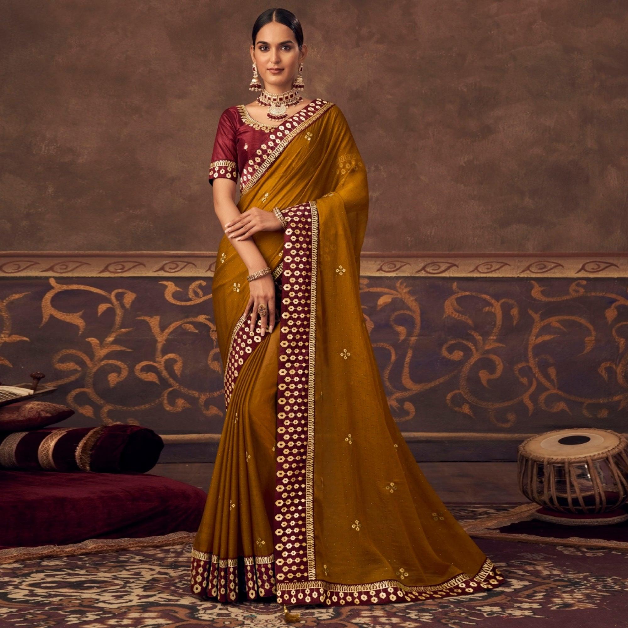 Golden Embroidered Chiffon Saree - Peachmode