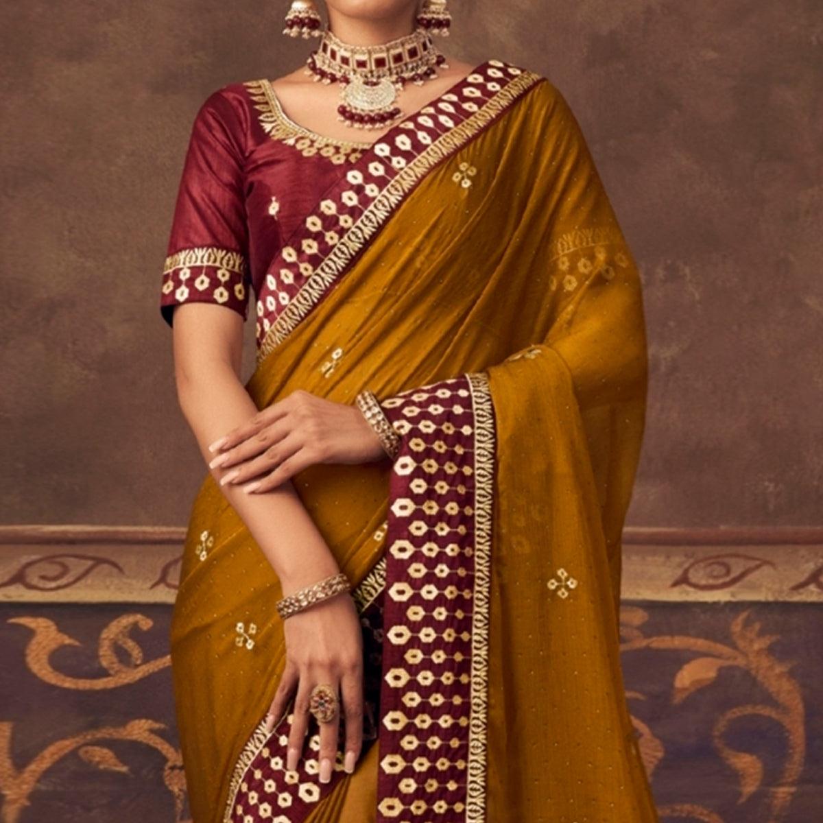 Golden Embroidered Chiffon Saree - Peachmode