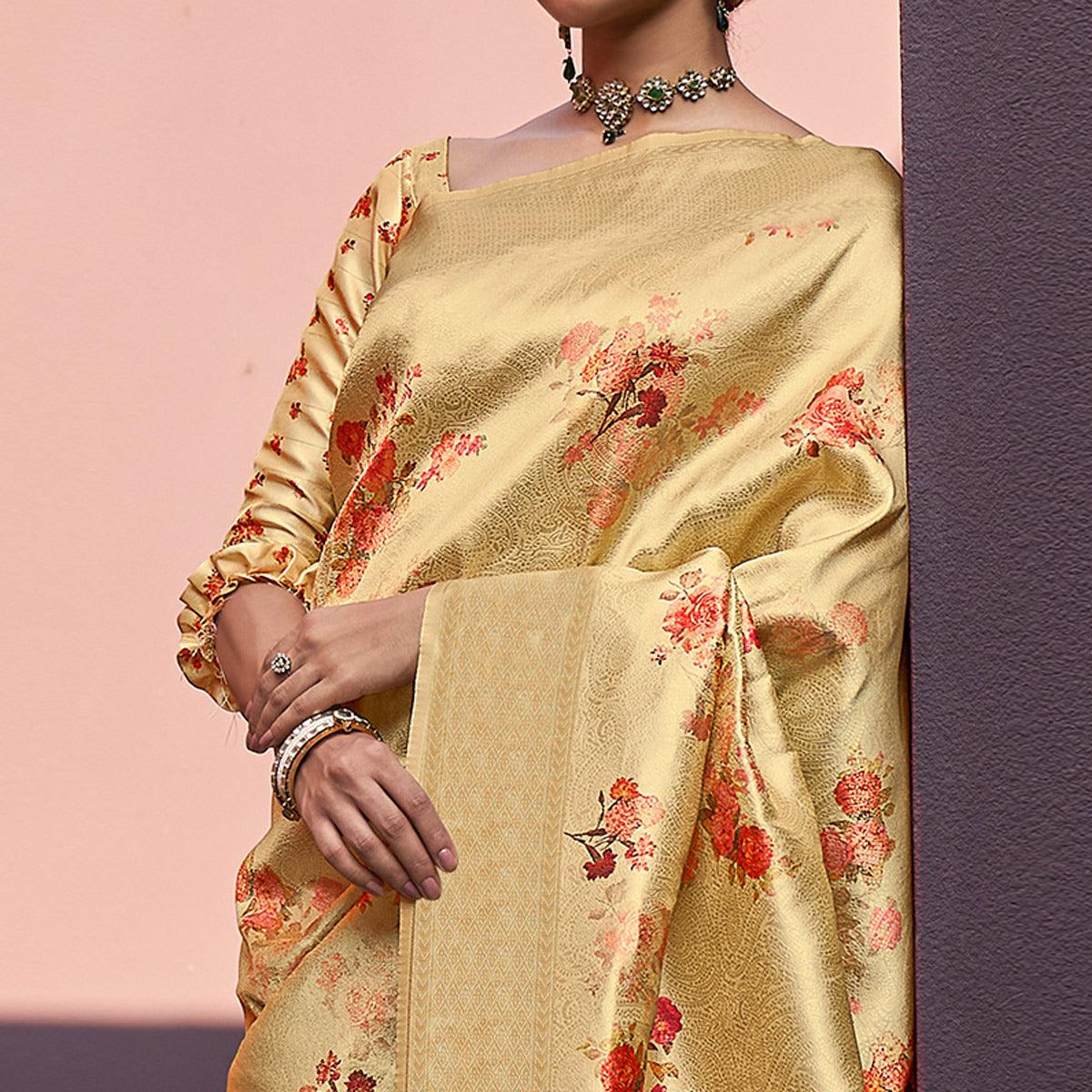 Golden Festive Wear Floral Printed Silk Saree With Woven Border - Peachmode