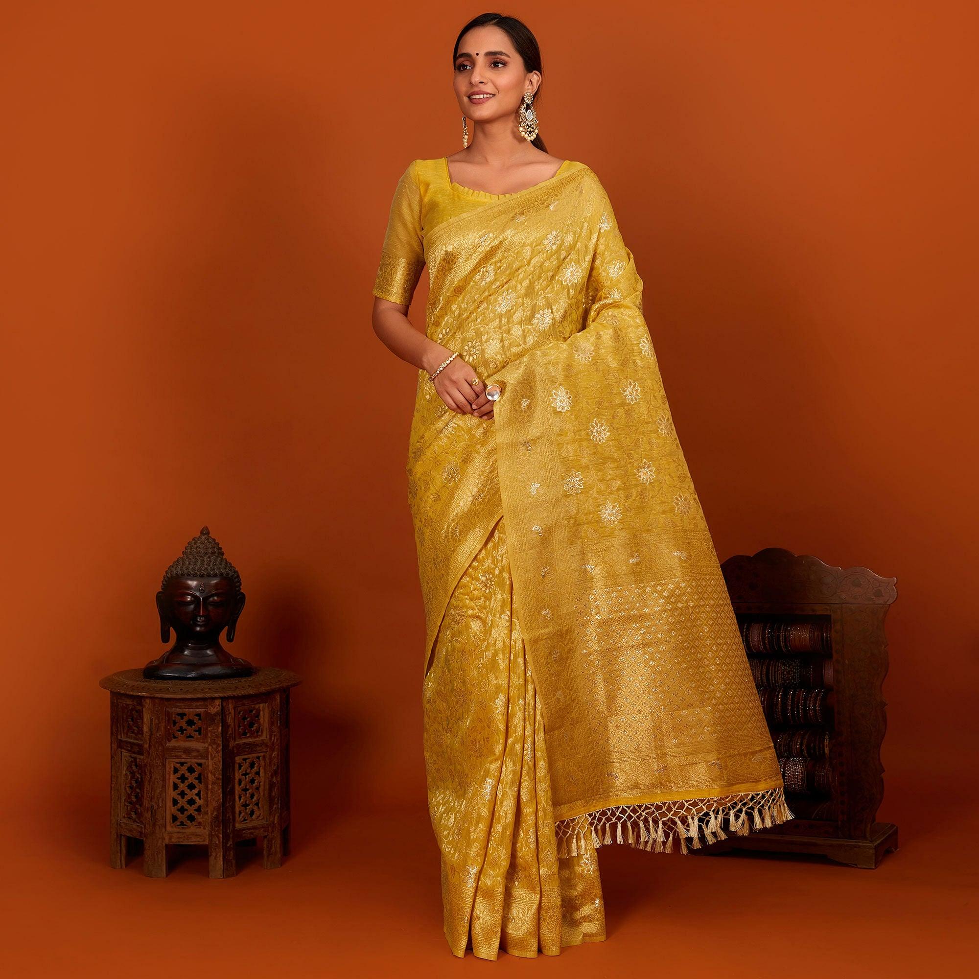Golden Festive Wear Woven Cotton Saree With Tassels - Peachmode