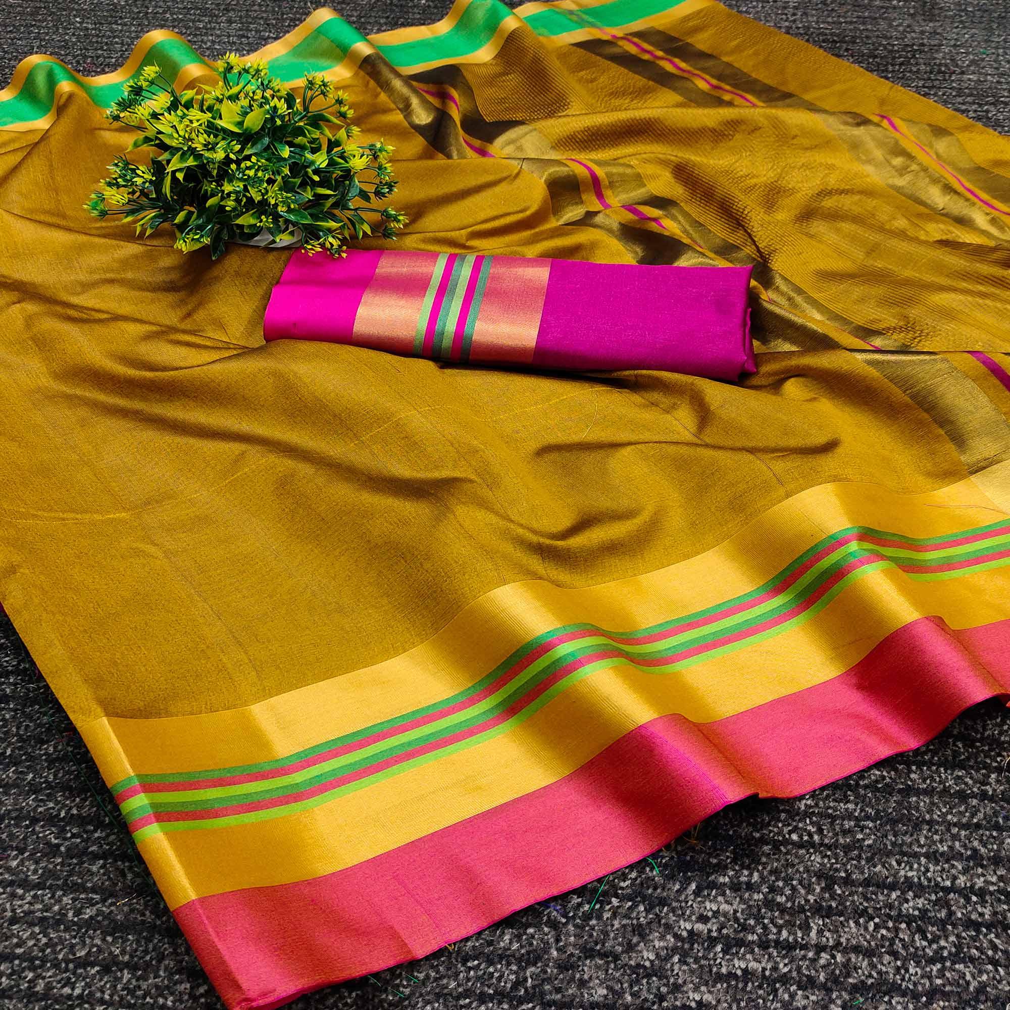 Golden Festive Wear Zari Border Cotton Blend Saree - Peachmode
