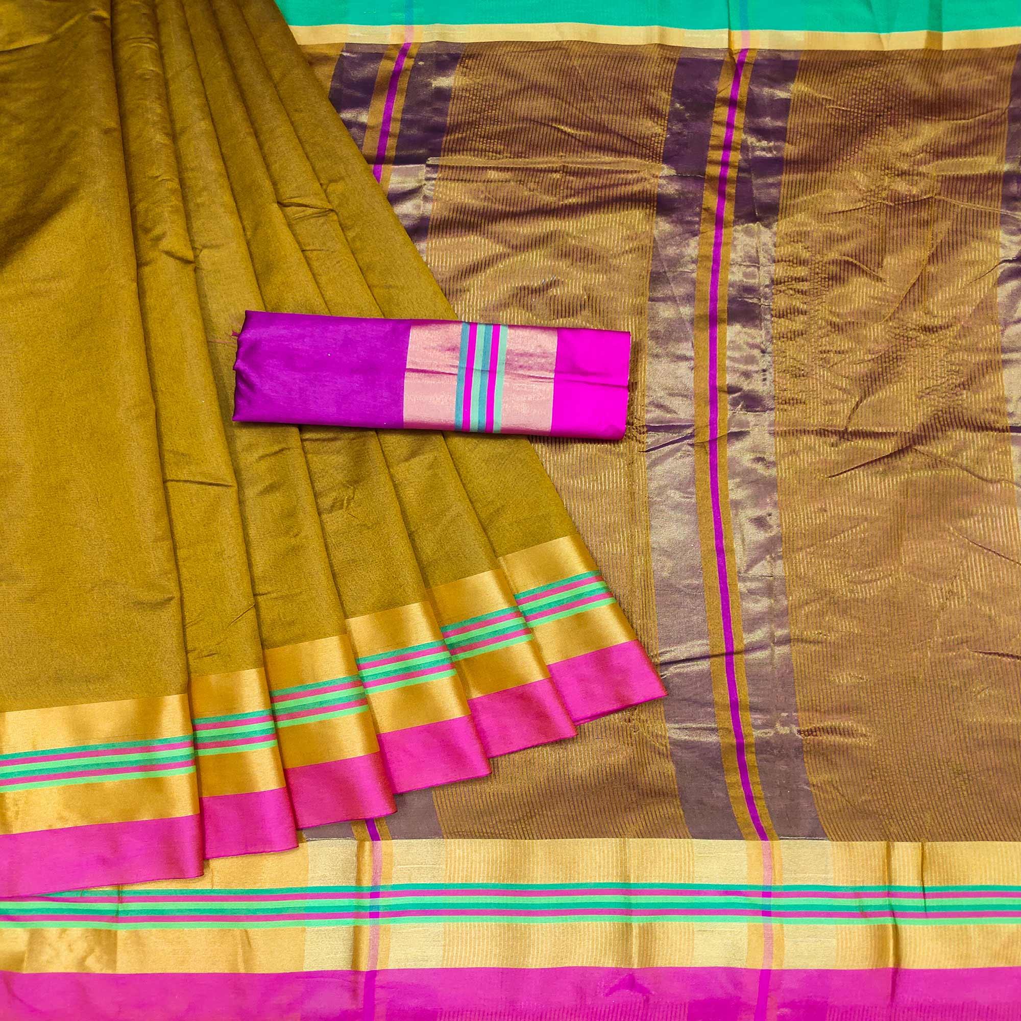 Golden Festive Wear Zari Border Cotton Blend Saree - Peachmode