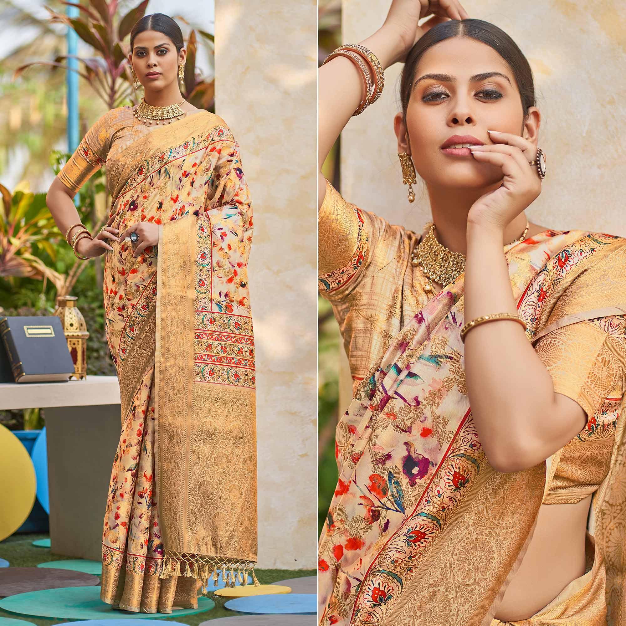 Golden Floral Digital Printed Pure Silk Saree - Peachmode