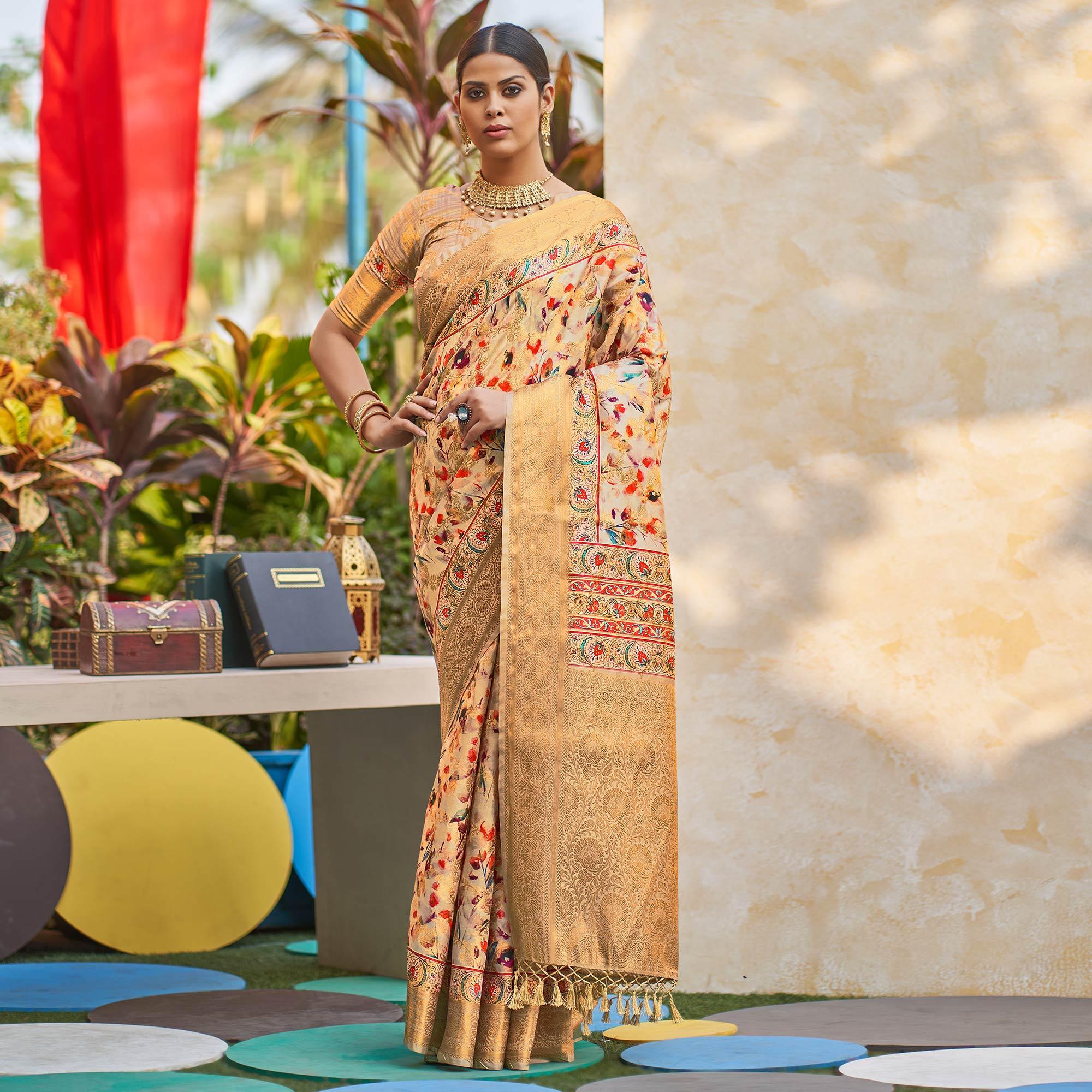 Golden Floral Digital Printed Pure Silk Saree - Peachmode